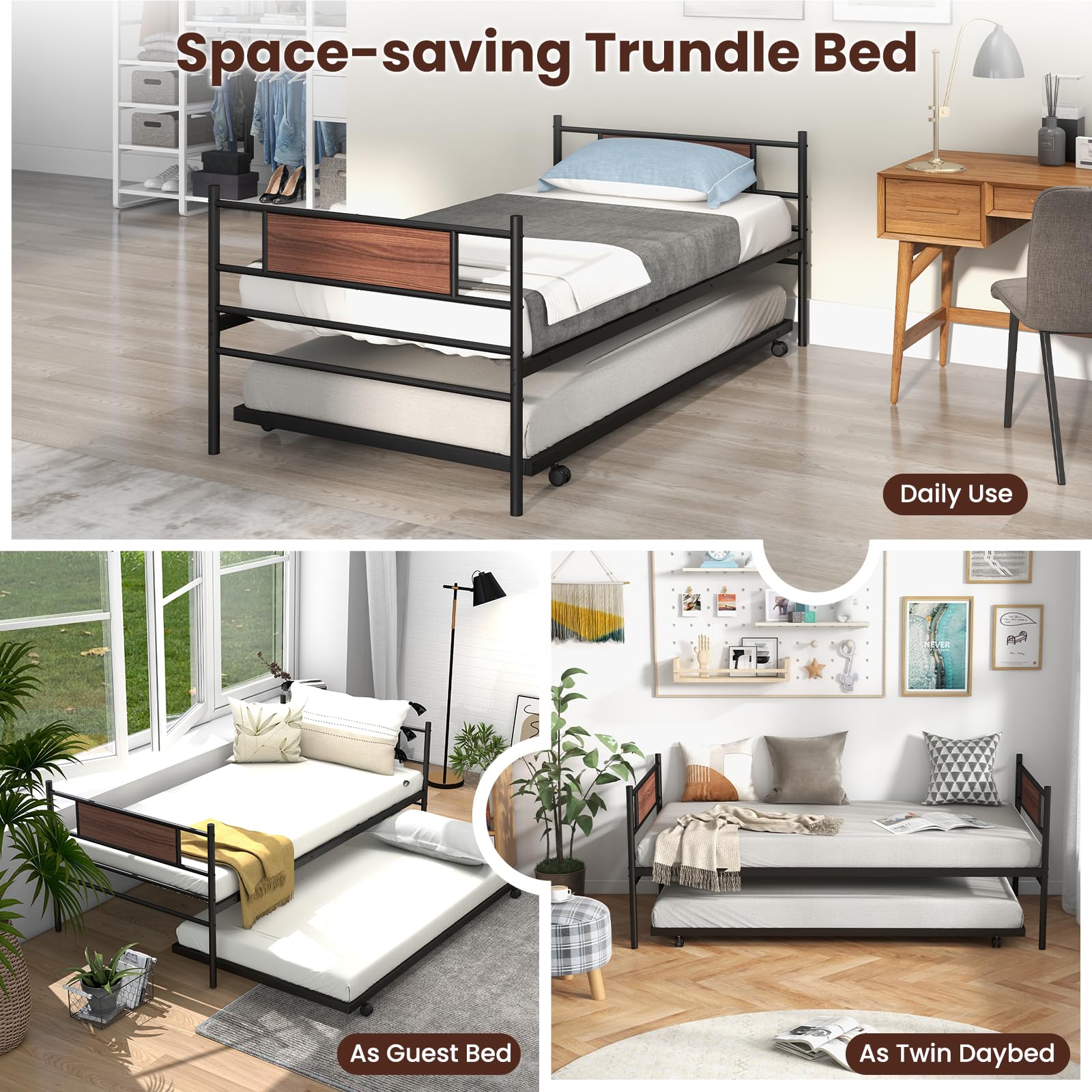 Giantex Metal Daybed with Trundle, Twin Size Day Bed with Wood Grain Headboard & Metal Slat Support