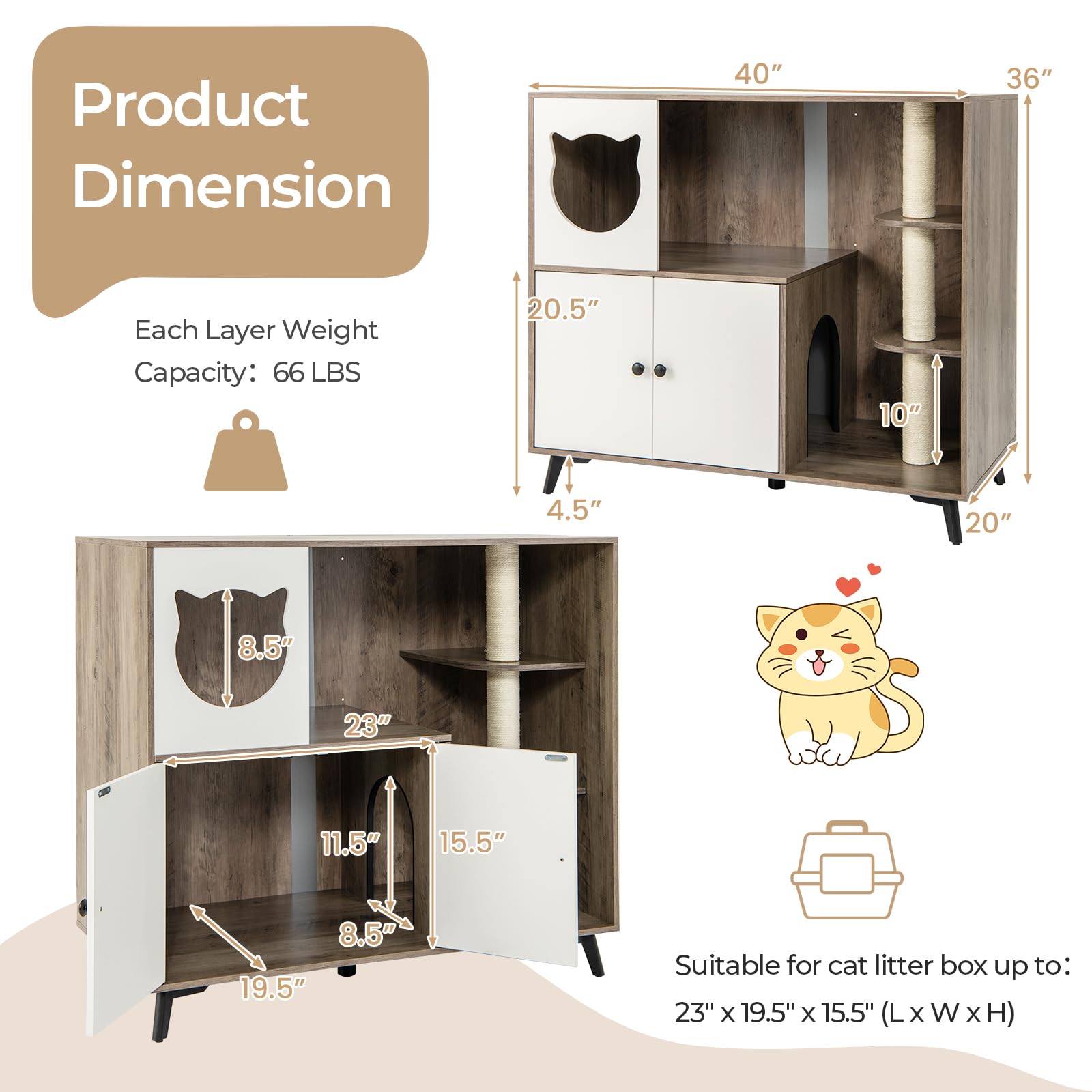 Giantex Cat Litter Box Enclosure - Wooden Cat House Washroom Hidden Furniture with Cat Tree