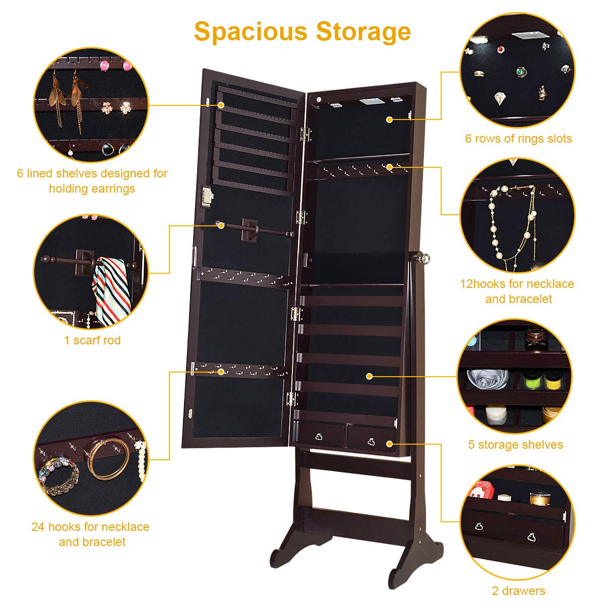 CHARMAID 2 LEDs Standing Jewelry Cabinet with Full Length Mirror