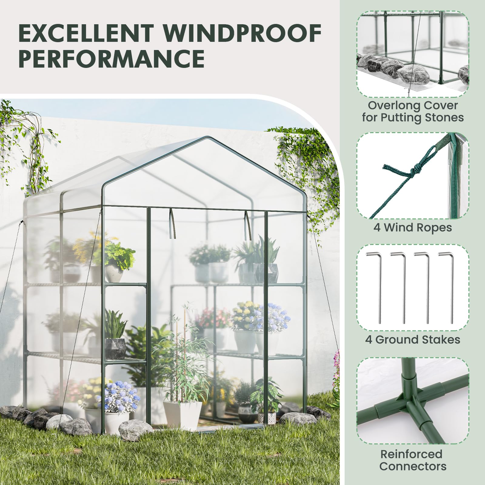 Giantex Walk-in Greenhouse w/ 3 Tiers 4 Shelves, 4 Ground Stakes & Ropes, PVC Cover