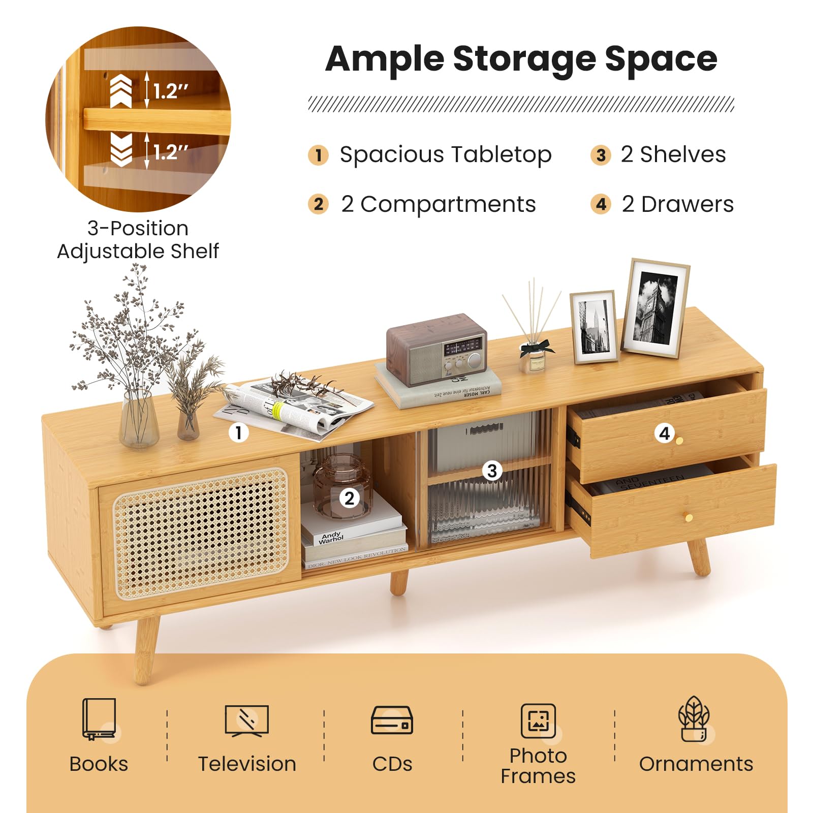 Giantex Bamboo TV Stand for 55 60 65 Inch TV, PE Rattan Entertainment Center with Sliding Doors