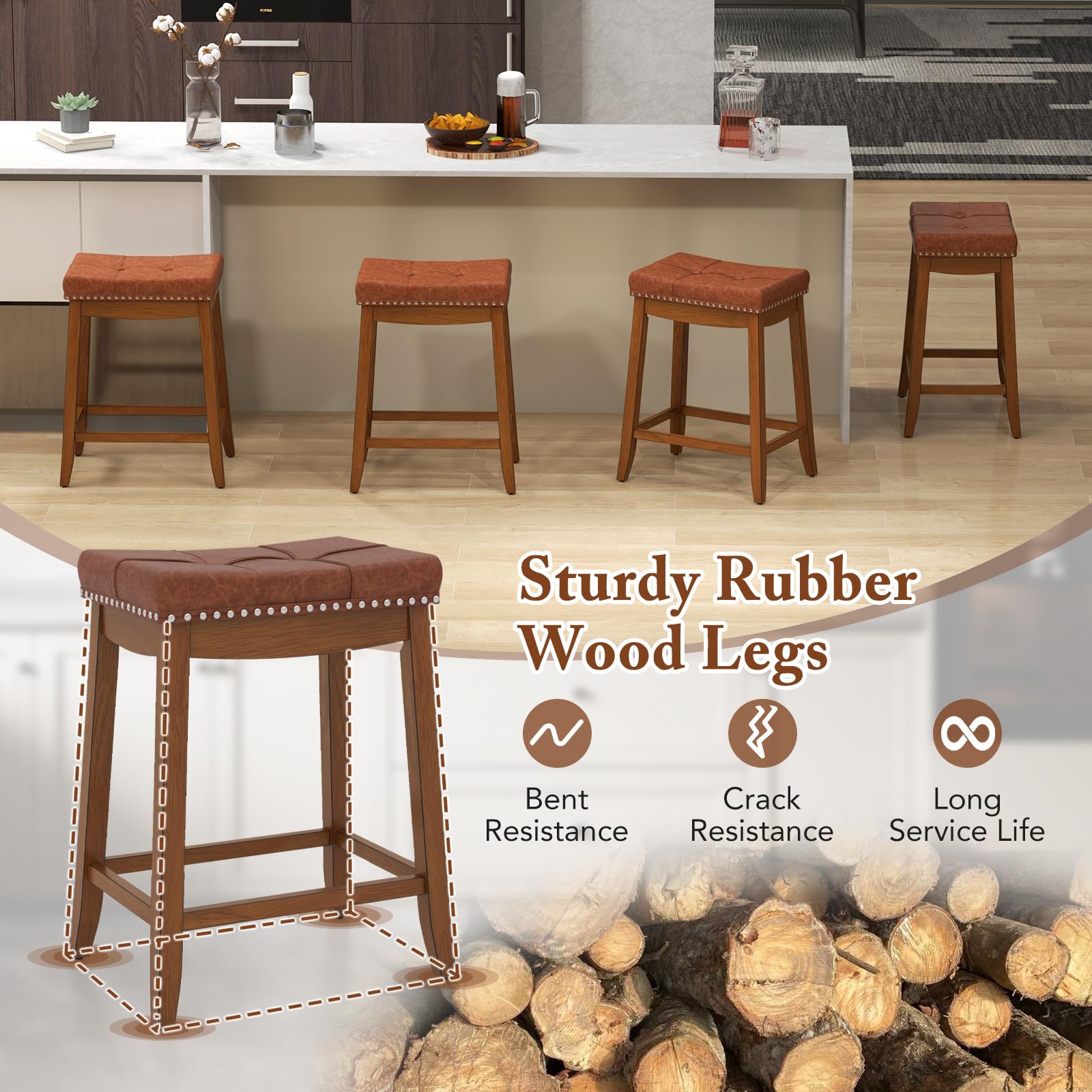 Giantex Bar Stools Set, 25" Counter Height Bar Stools w/Saddle Seat, Footrest, Rivet, Button Tufted, Rubber Wood Frame