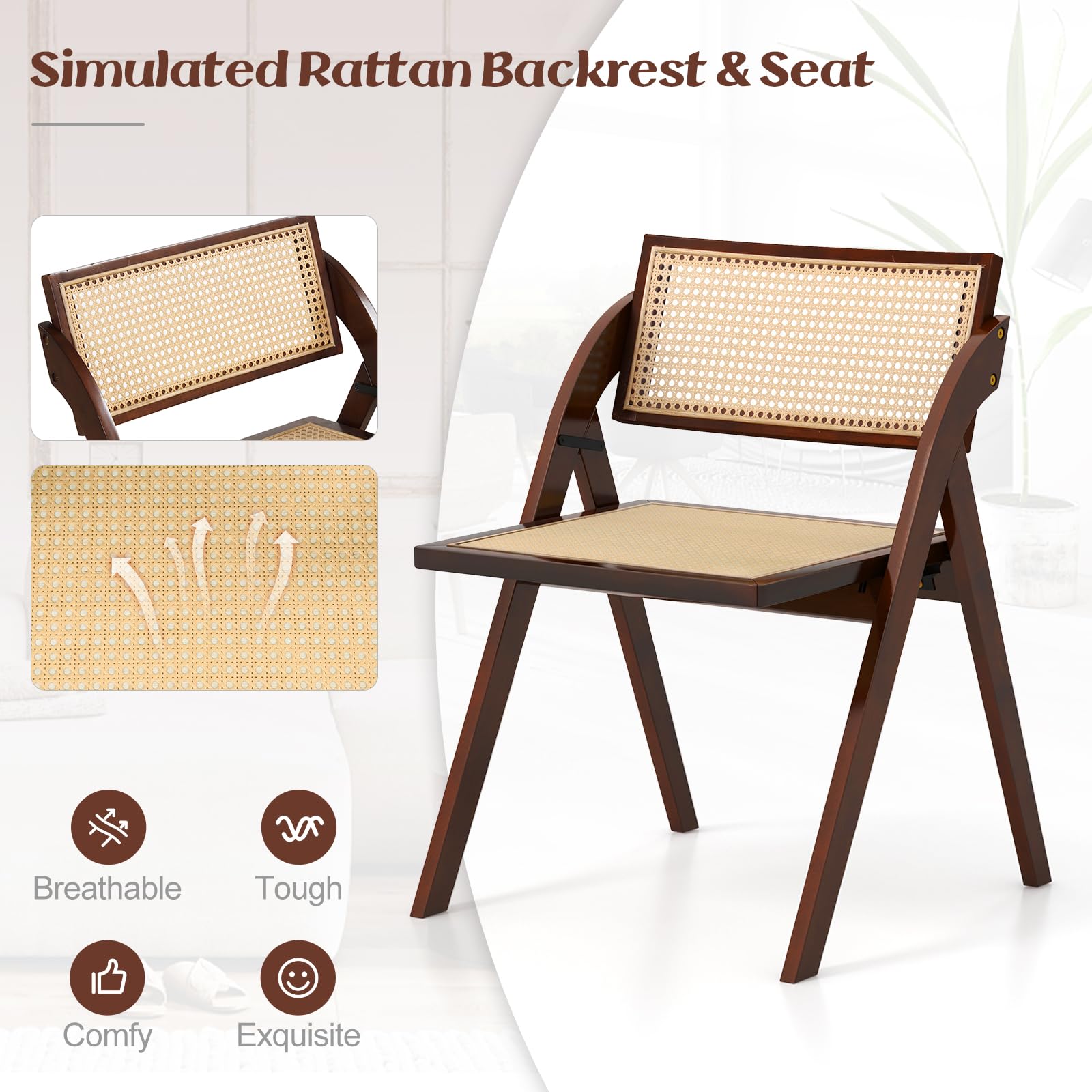 Giantex Folding Dining Chairs Set, Wooden Folding Chair with Rattan Backrest & Seat