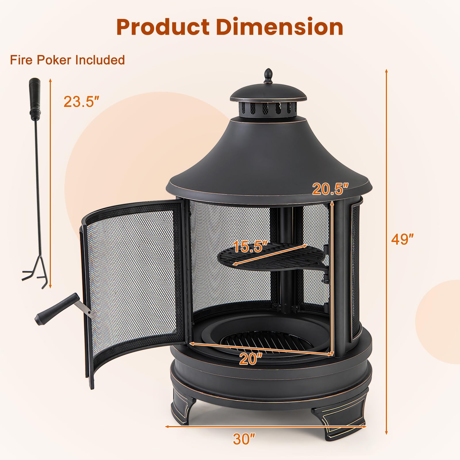 Giantex 2 in 1 Outdoor Fire Pit with Grill, 30 Inch Metal Chiminea, Wood Burning Fireplace with Chimney