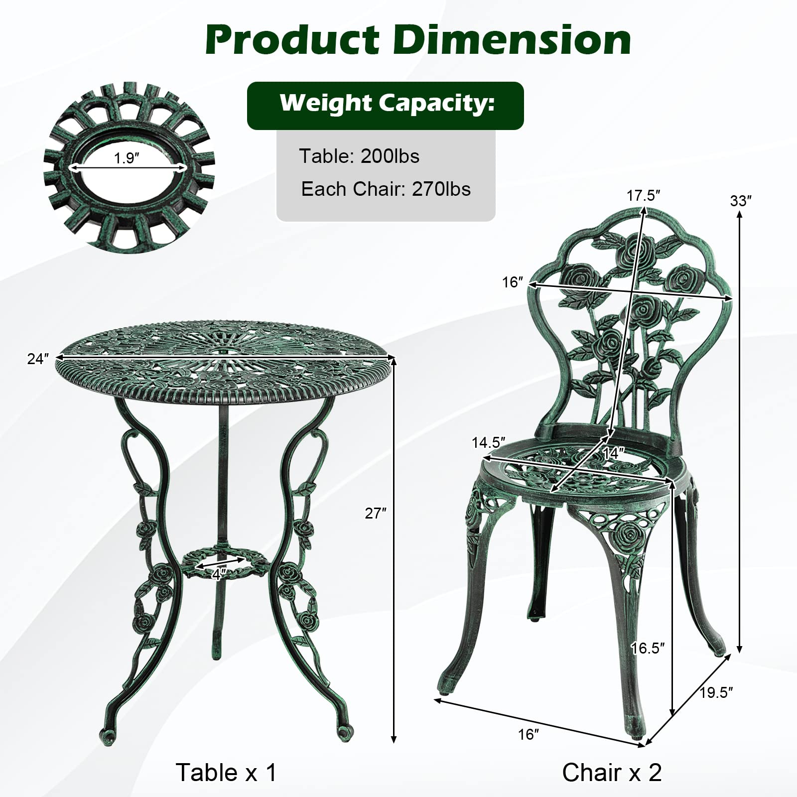 Giantex 3 Piece Bistro Set Cast Rose Design Antique Outdoor Patio Furniture (Rose Design)