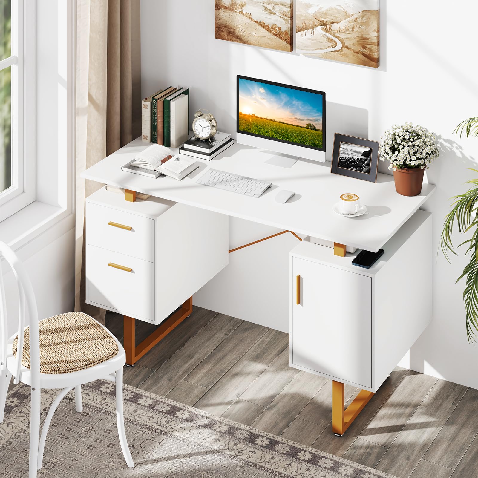 Giantex Computer Desk with Drawers & Cabinet, 51” Long Home Office Desk with Floating Desktop & Metal Frame