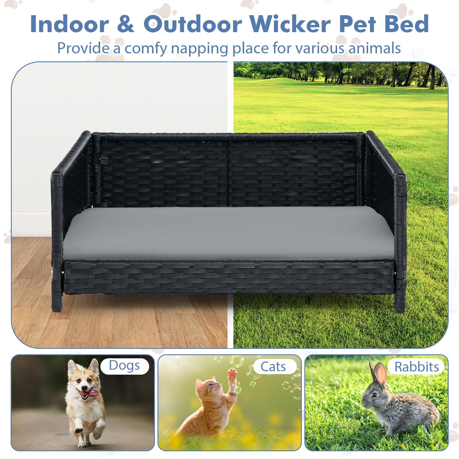 Giantex Wicker Dog Bed, Raised Woven Rattan Pet Bed Sofa Couch w/Waterproof & Washable Cushion