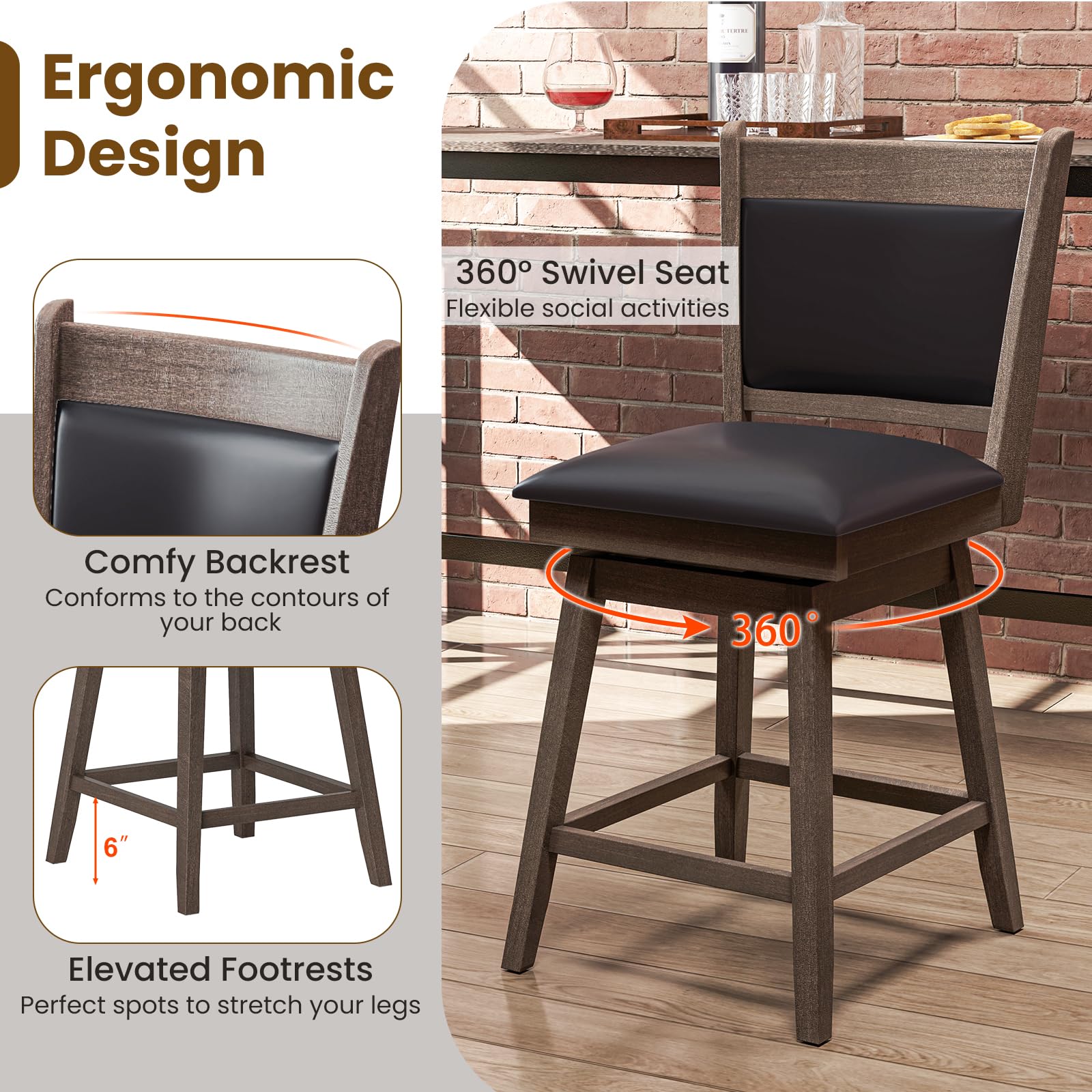 Giantex 25" Bar Stools Set, Upholstered Swivel Bar Chairs with Ergonomic Back