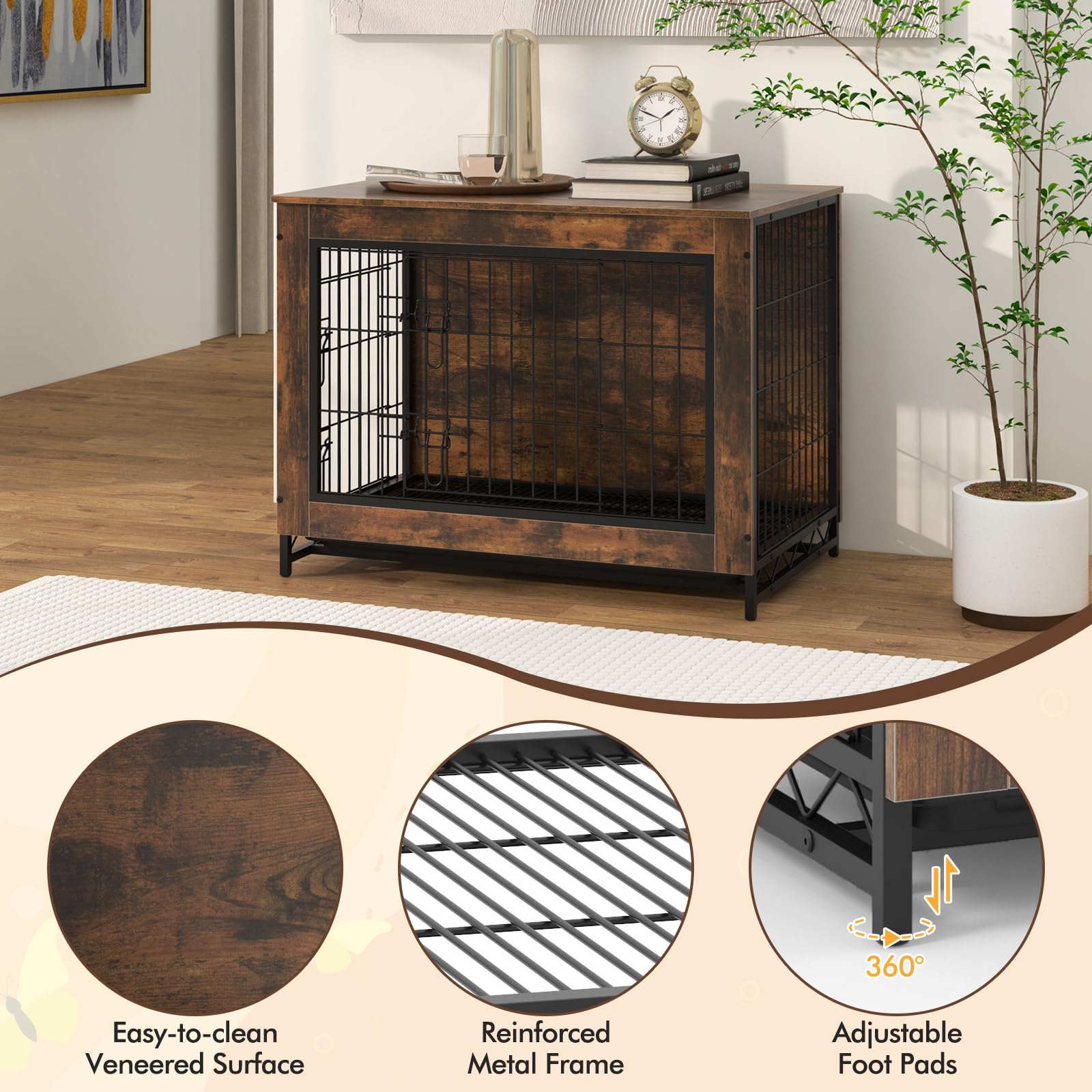 Giantex Dog Crate Furniture - Dog Kennel Side Table with Double Doors & Removable Pull-Out Tray