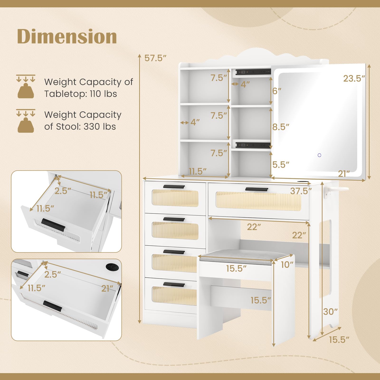 Vanity Desk with Sliding Mirror and Lights, White Makeup Vanity Desk with 5 Drawers