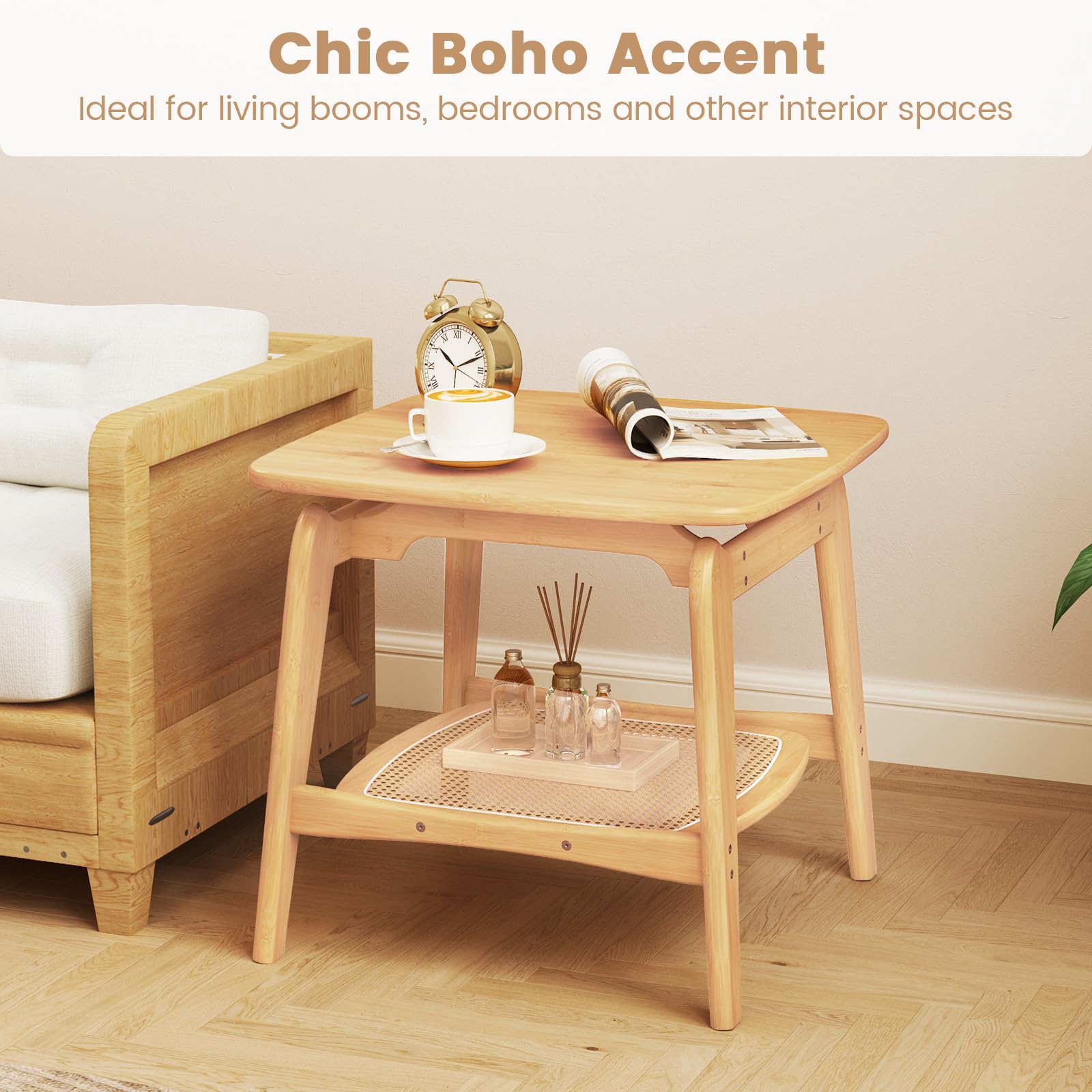 Giantex Rattan Side Table, Boho End Table with Storage Shelf, 2-Tier Bedside Table for Small Spaces