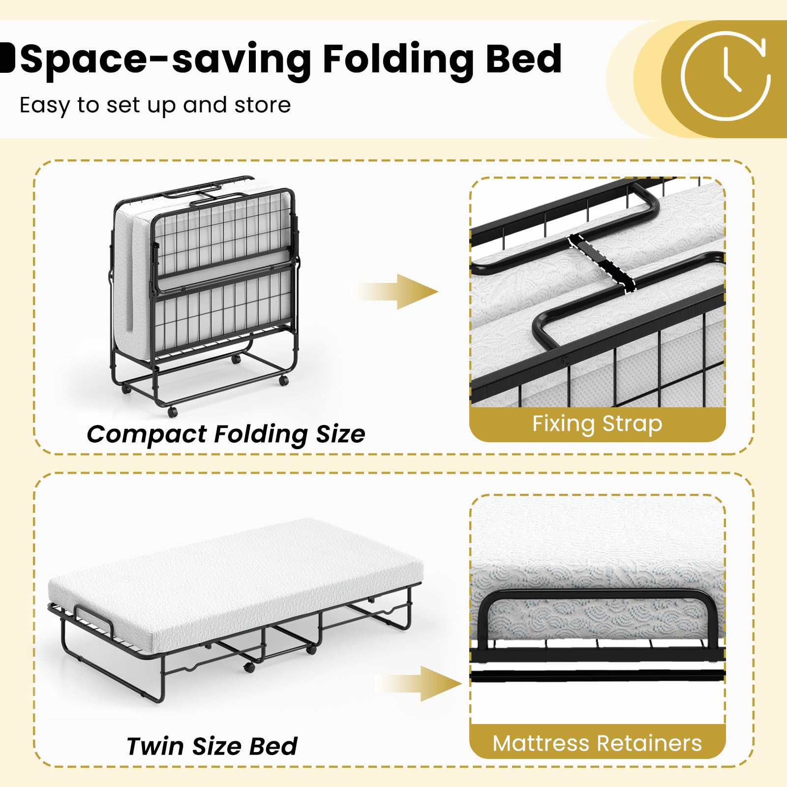 Giantex Twin Folding Bed with Mattress, Roll Away Bed Portable Guest Bed w/Sturdy Metal Frame