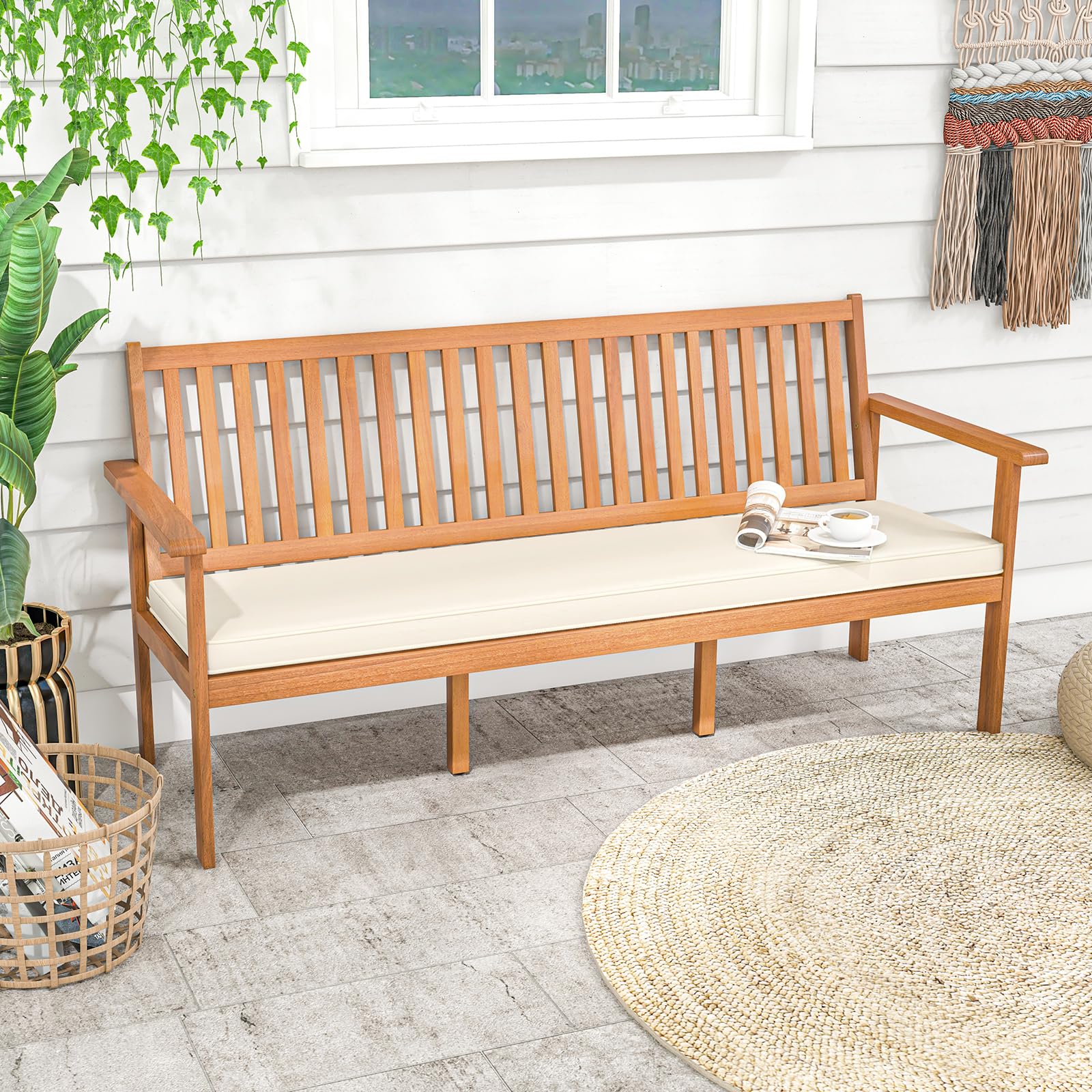 Giantex Acacia Wood Outdoor Bench, 3-Seat Patio Bench with Removable Seat Cushion