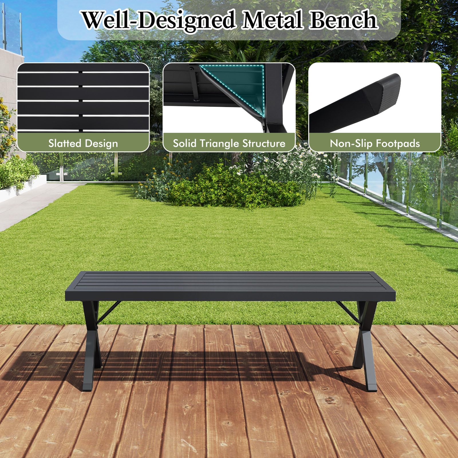 Giantex Outdoor Bench, Patio Metal Bench with Slatted Seat, X-Shaped Legs, 54" Outdoor Backless Loveseat, Load 800 LBS