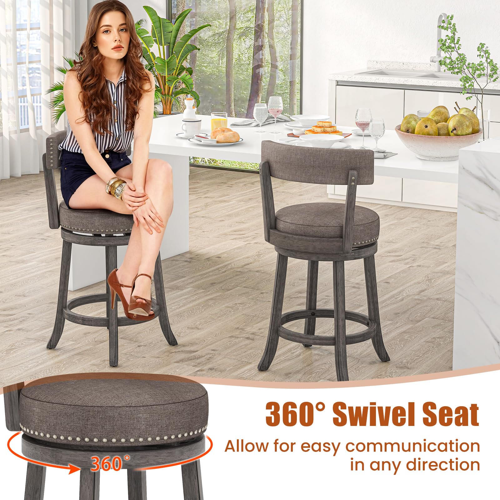 Giantex 26" Bar Stools Set, Swivel Counter Height Bar Chairs with Footrest, Rubber Wood Frame