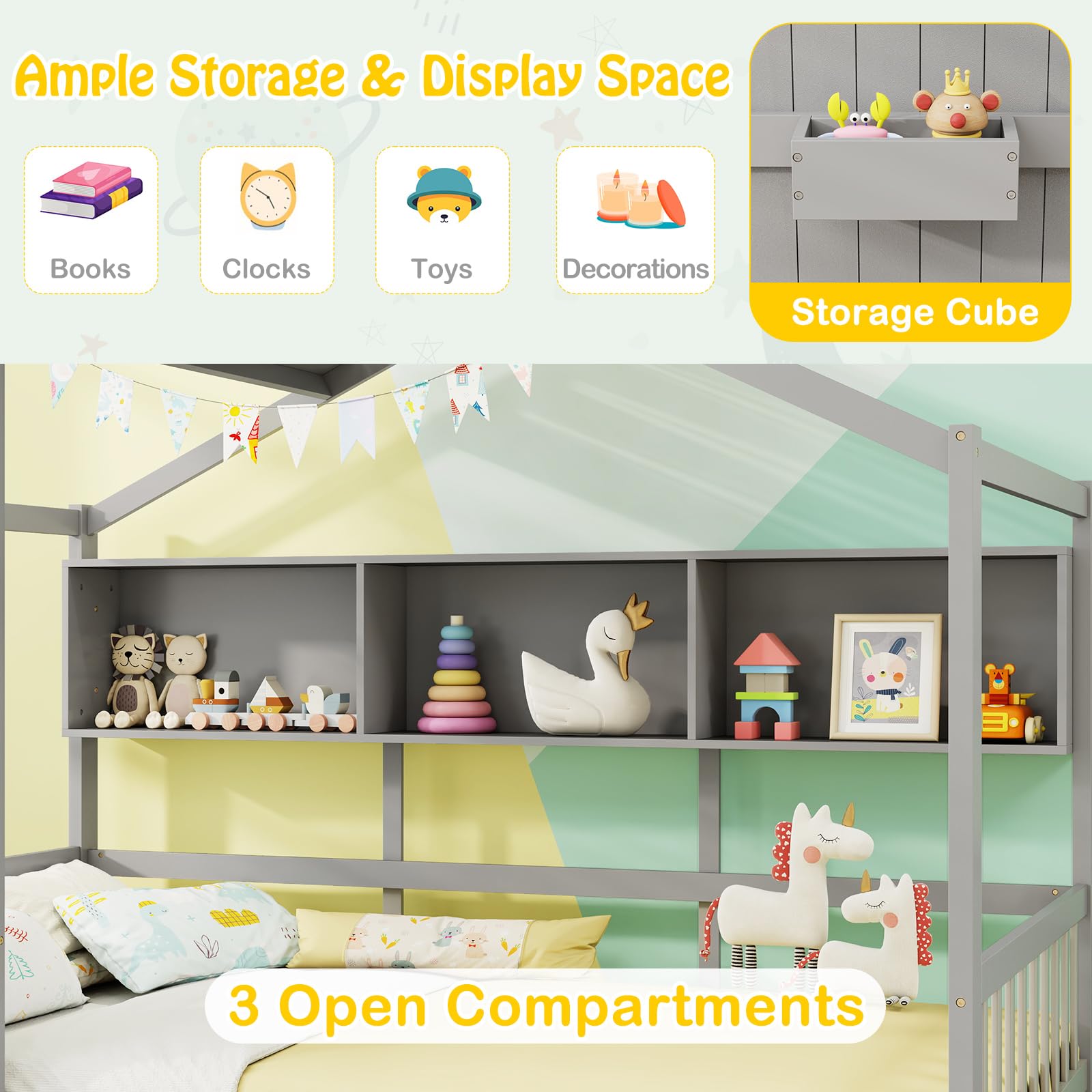 Giantex Twin House Bed with 2 Storage Drawers, Kids Bed Frame with Storage Cubes, Montessori Bed with Fence Guardrails & Roof