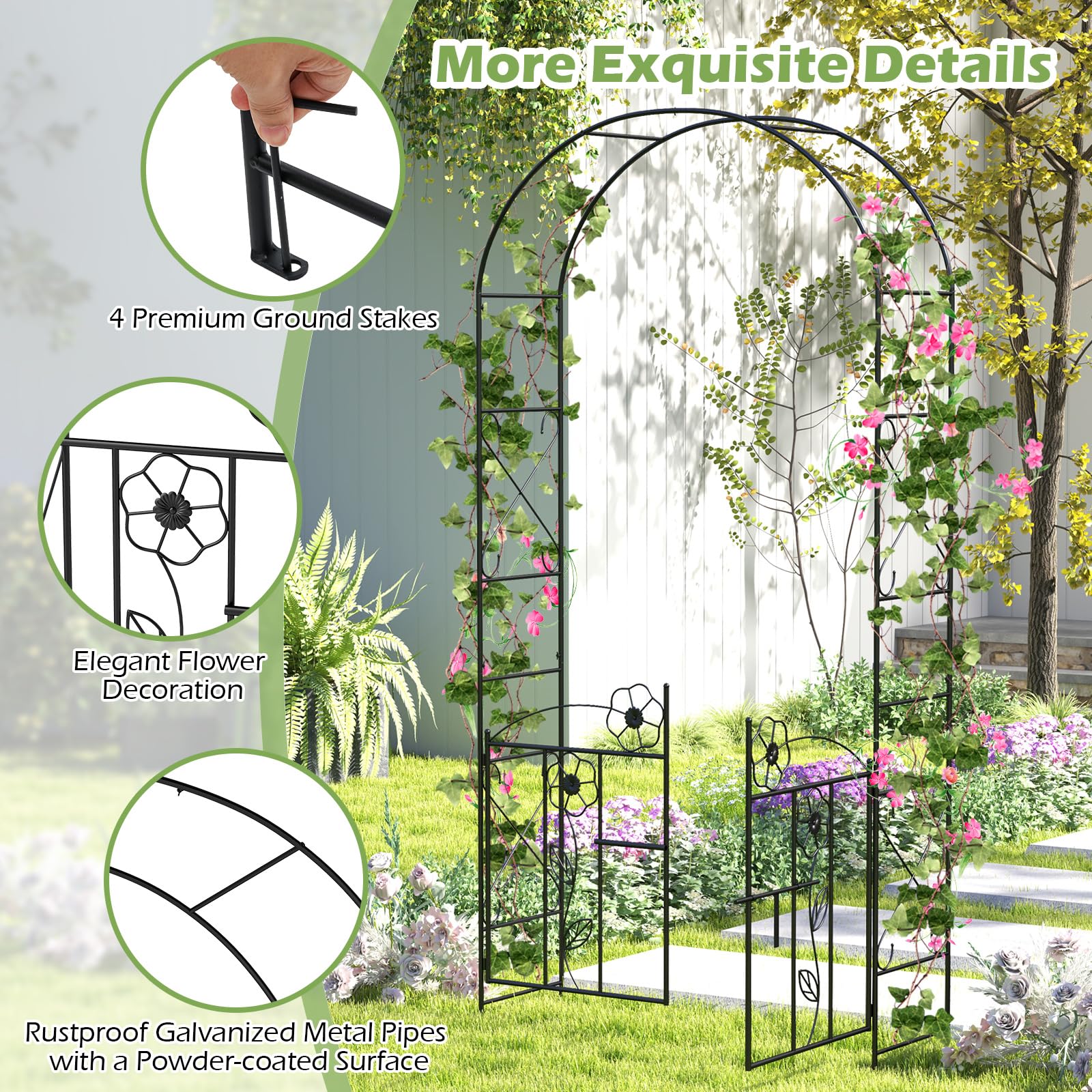 Giantex Garden Arbor with Gate, 7.5FT Metal Arch Trellis for Climbing Plants Rose Ivy, Archway Pergola with Flower Door