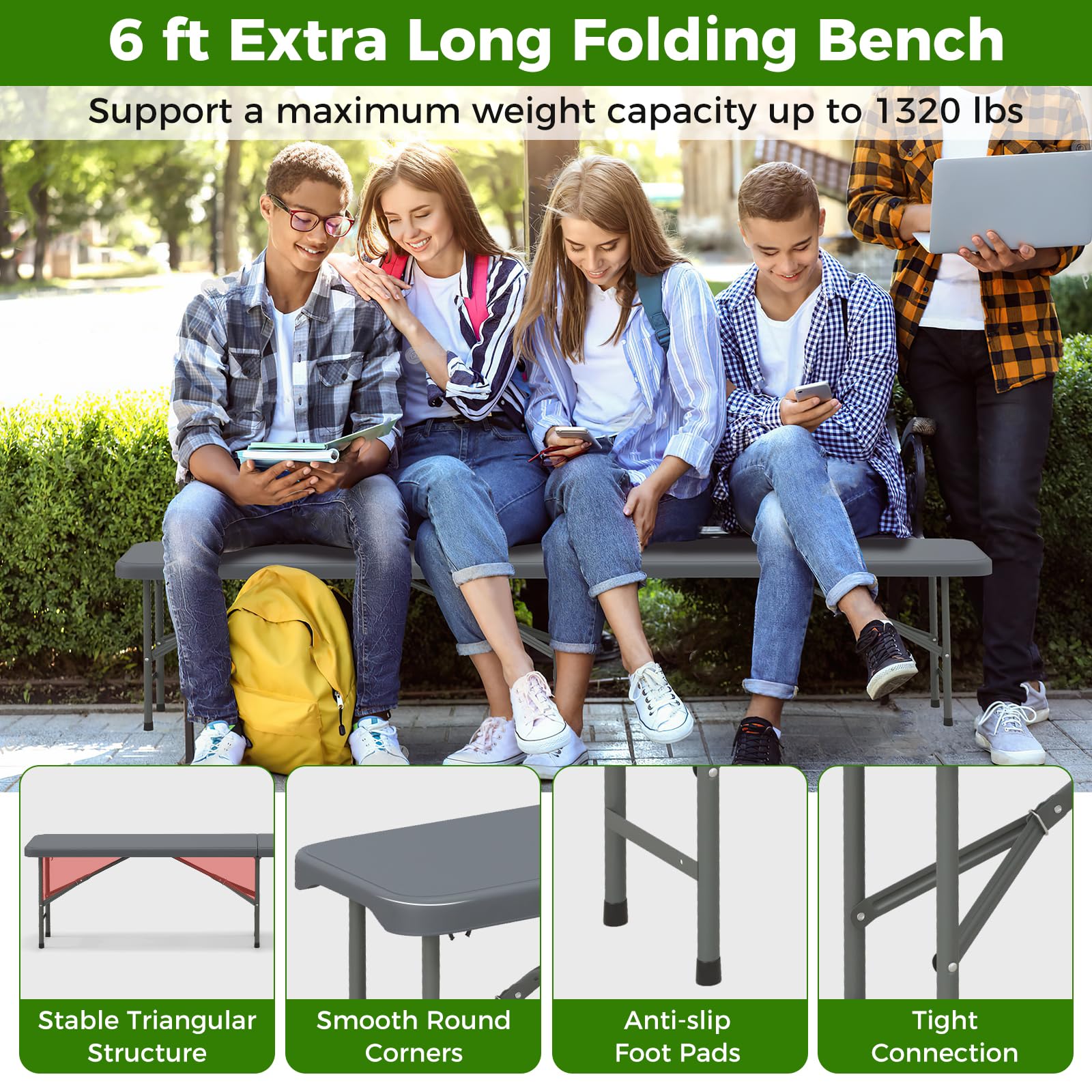 Giantex 6 FT Plastic Folding Bench, HDPE Portable Seat w/Metal Legs