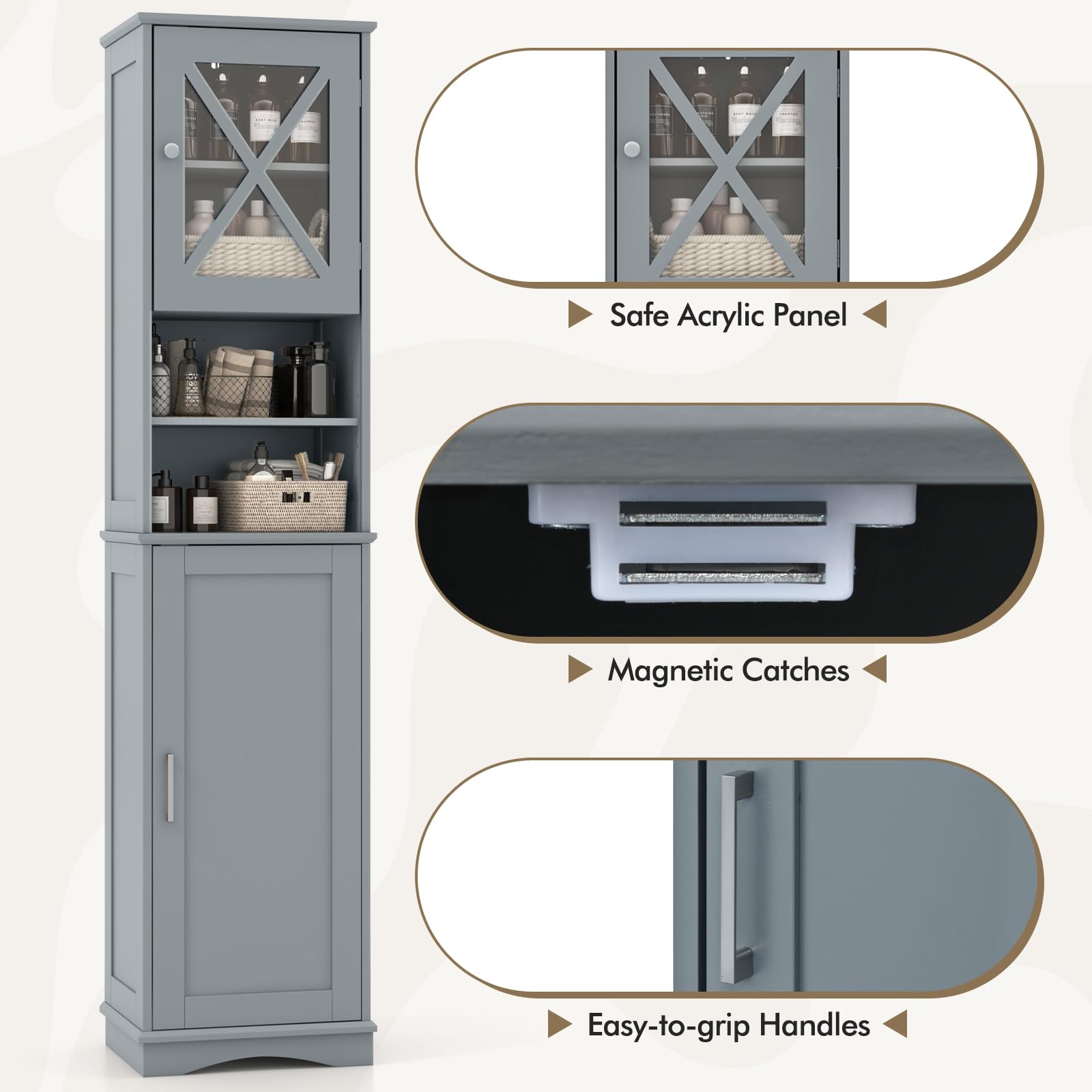 Giantex 67" Tall Storage Cabinet, Bathroom Floor Cabinet with Acrylic Door, Adjustable Shelves