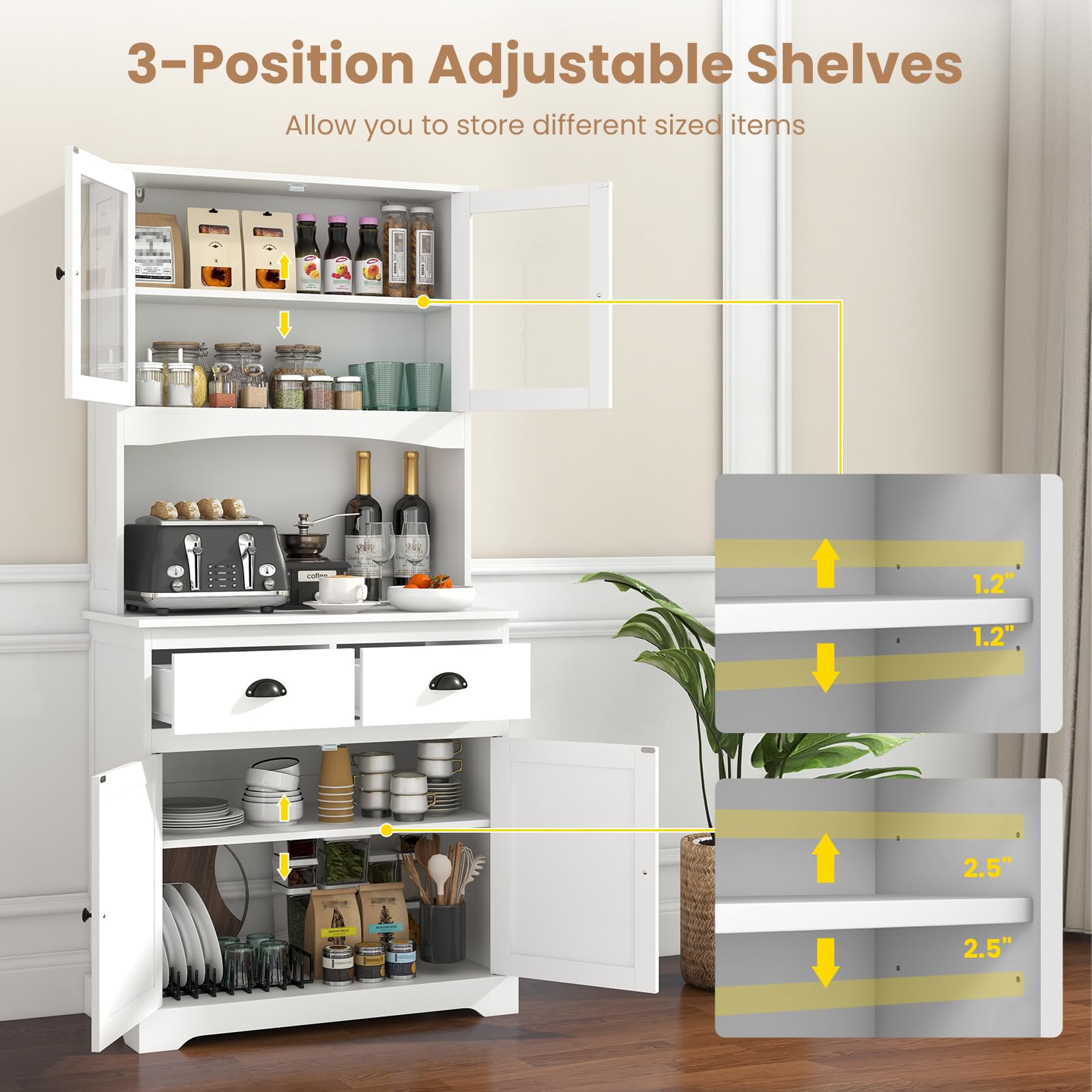 Giantex 67" Pantry Organizers, Freestanding Tall Buffet Cabinet with Hutch and 2 Drawers, Wooden Cupboard with Glass Doors