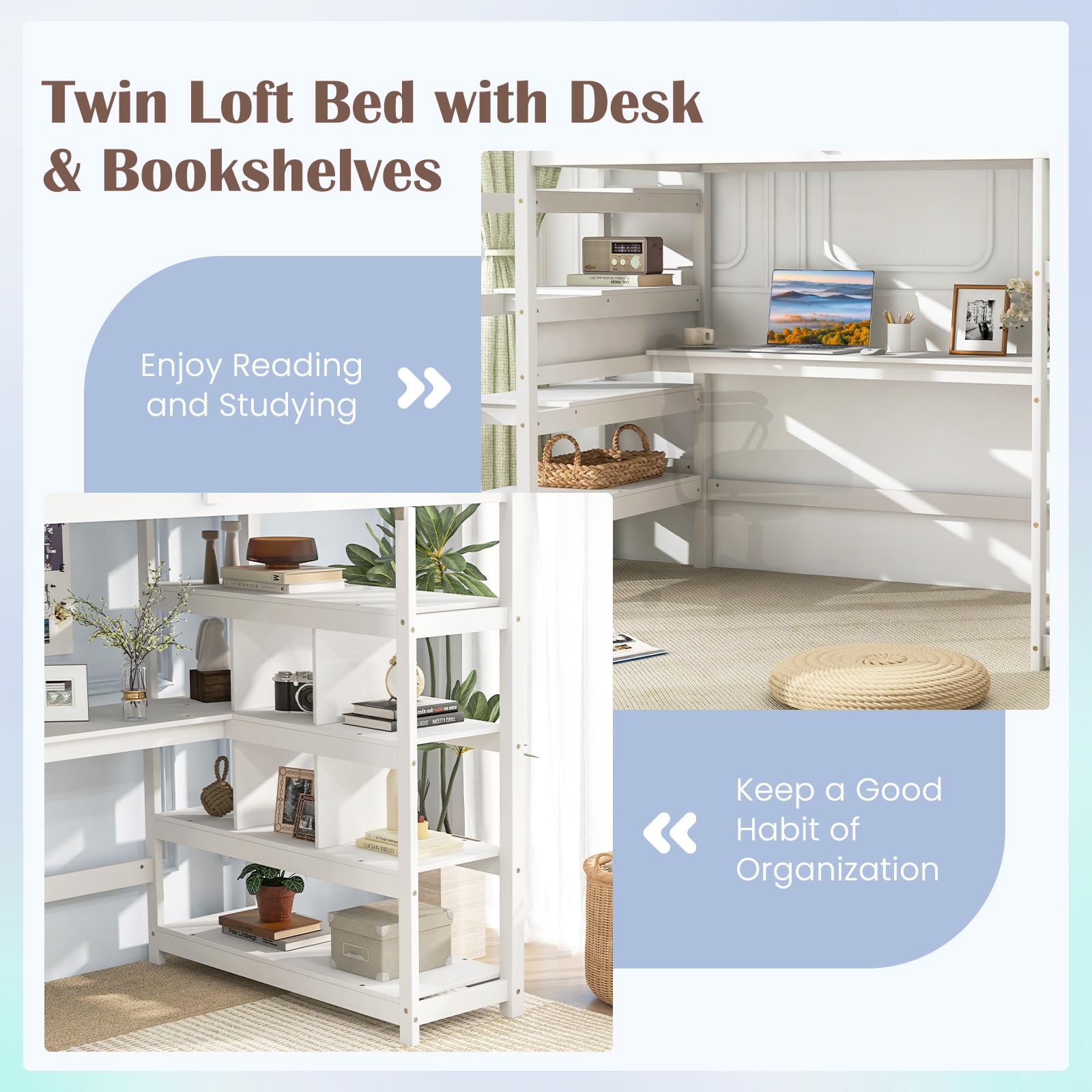 Giantex Twin Loft Bed with Desk and Stairs, Solid Wood High Loft Bed with 4-Tier Storage Shelves