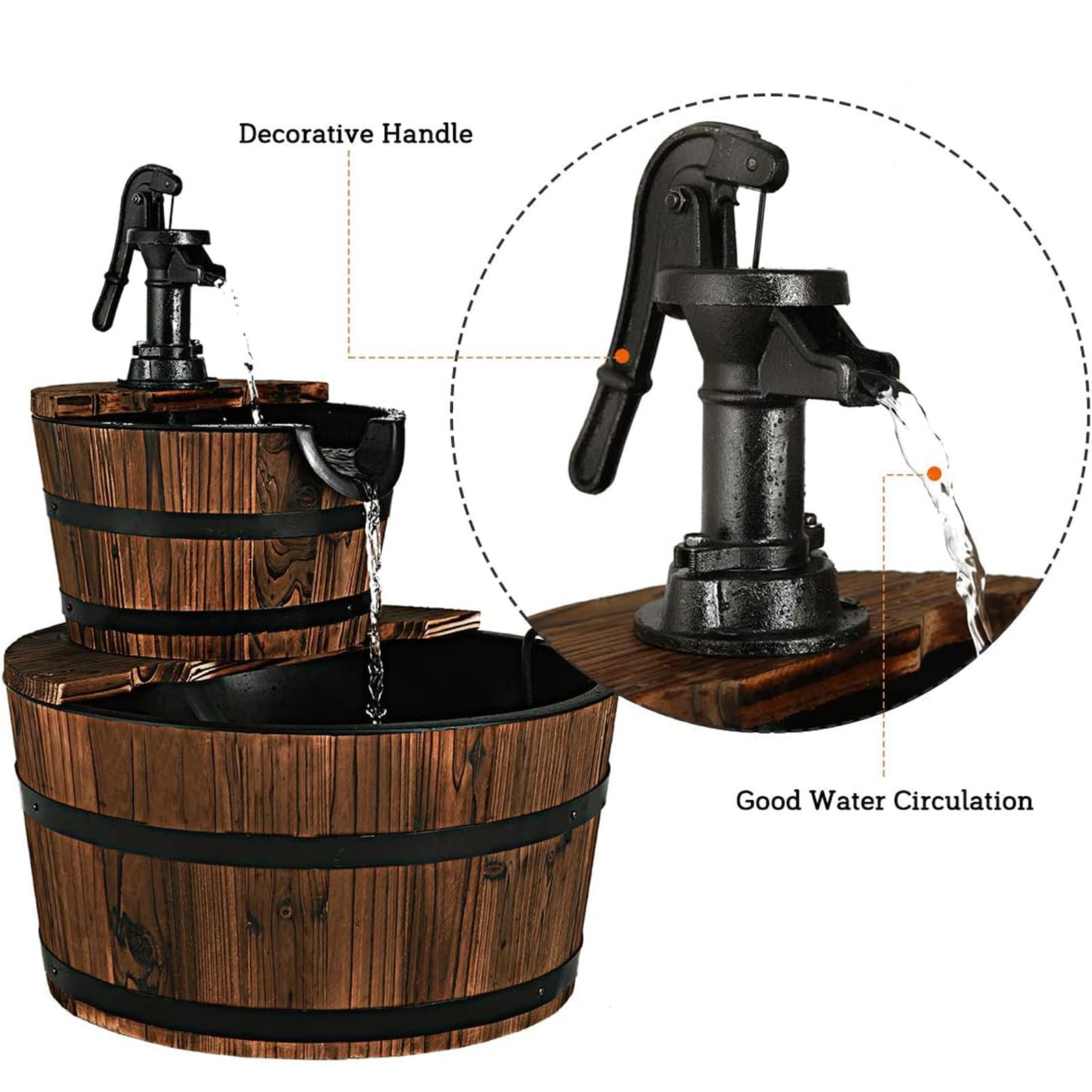 Giantex 2-Tier Barrel Waterfall Fountain with Hand Pump