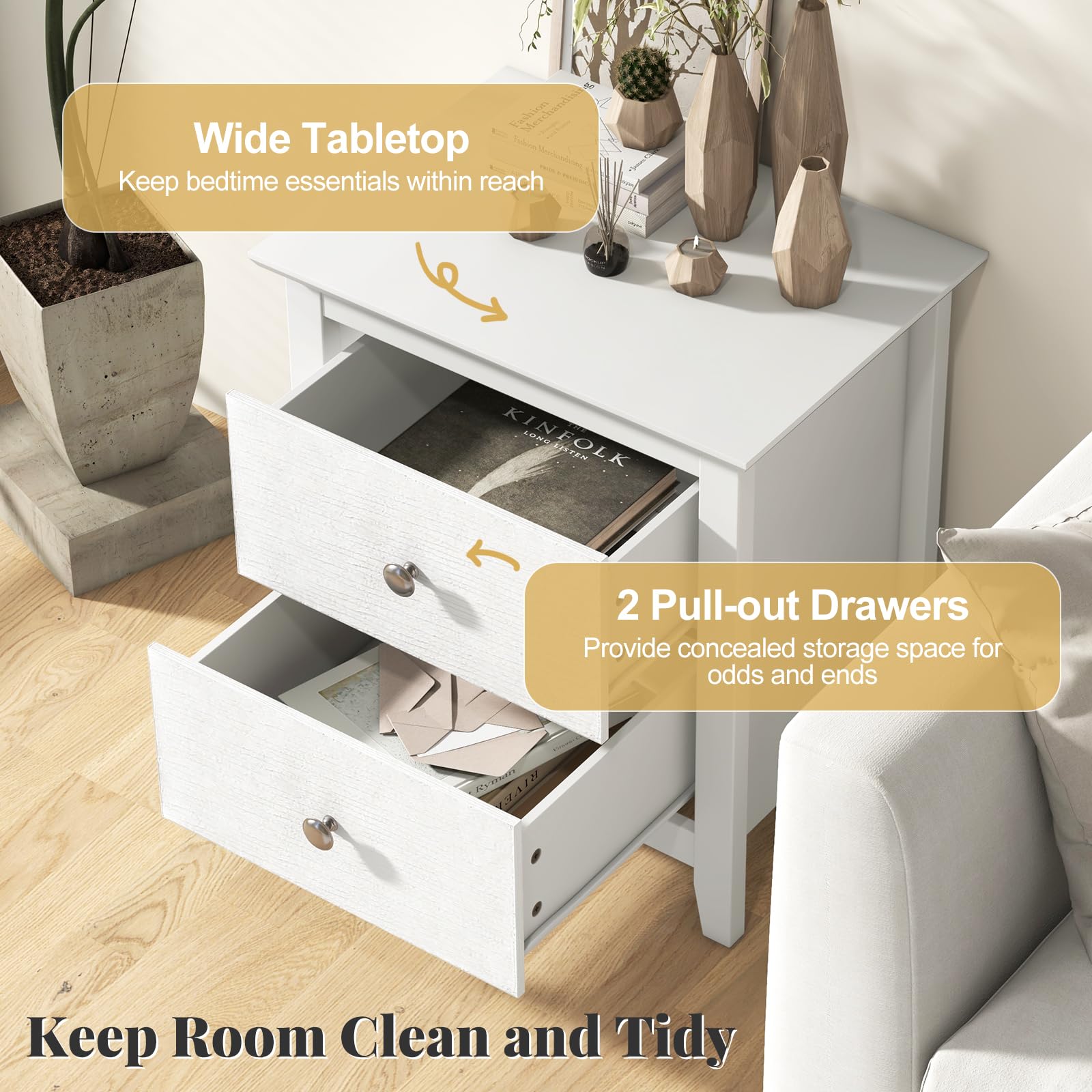 Giantex White Nightstand, Modern 2 Drawers Night Stand with Handles, Sofa Side Table with Sturdy Legs for Small Spaces