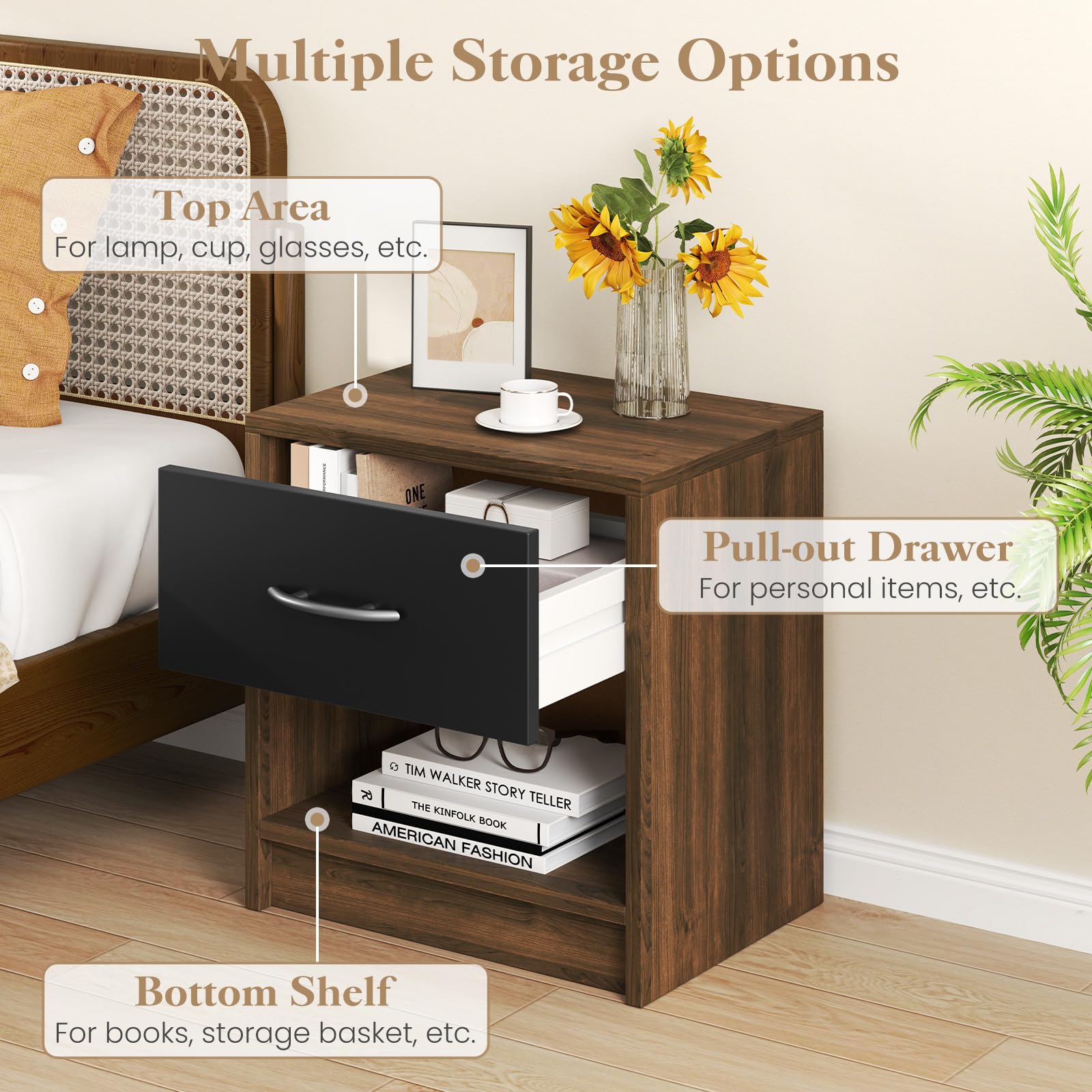 Giantex Night Stand Set of 1/2 with Drawer, Wood  End Table with Open Storage Shelf for Bedroom