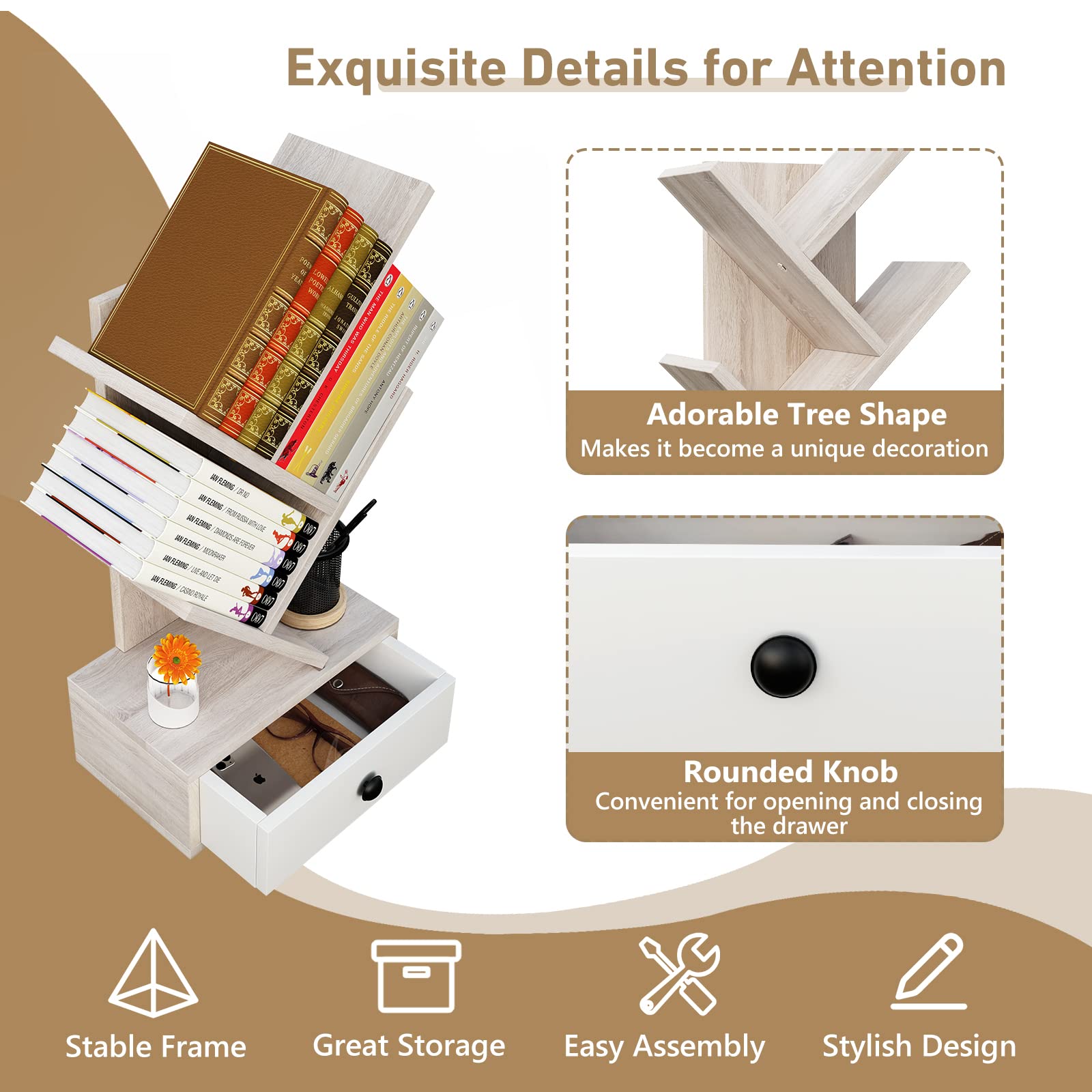 Giantex 5-Tier Tree Bookshelf with Drawer - Freestanding Retro Small Book Storage Rack for Small Place