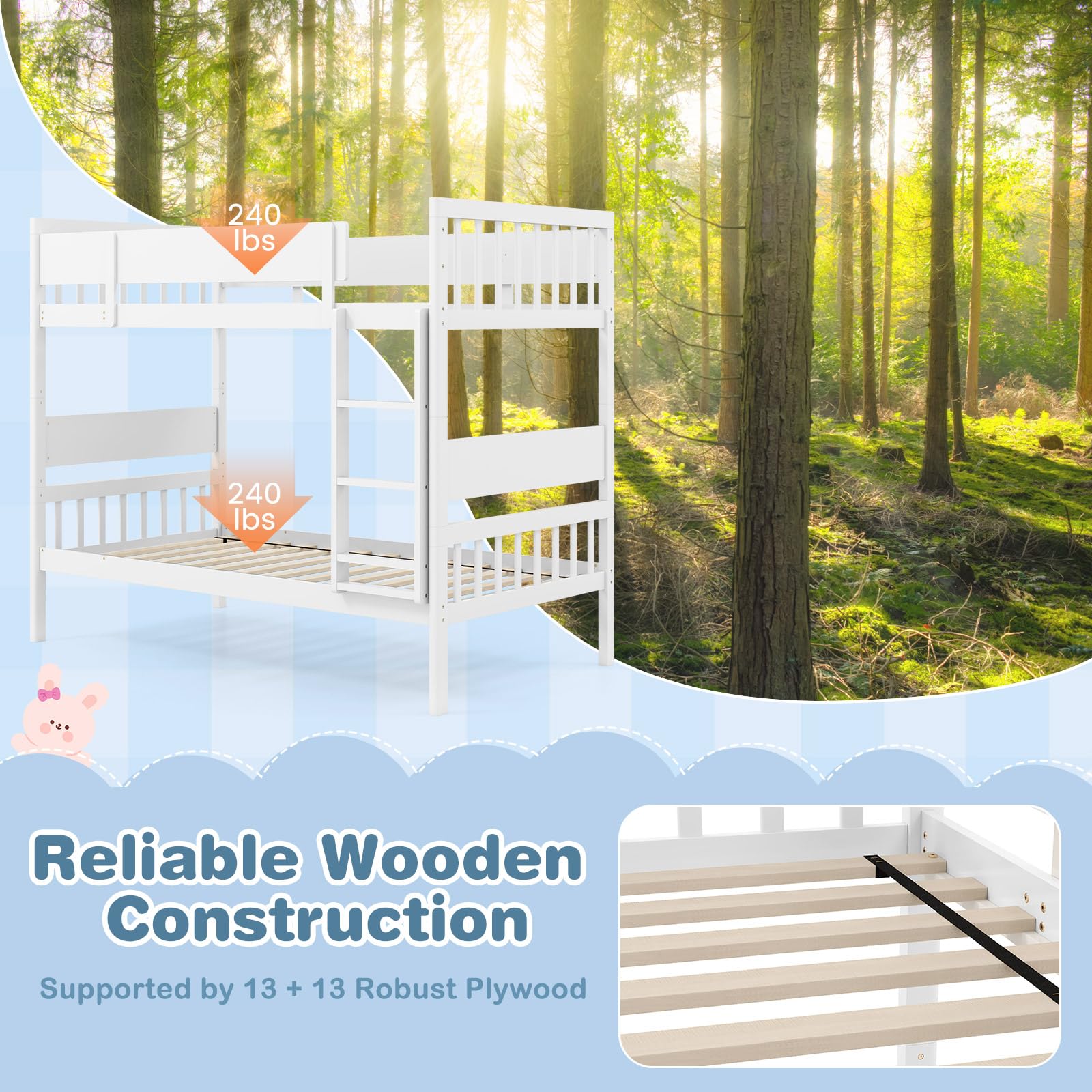 Giantex Wood Bunk Bed Twin Over Twin, Solid Wood Bunk Bed Frame with Ladder & Safety Guardrails