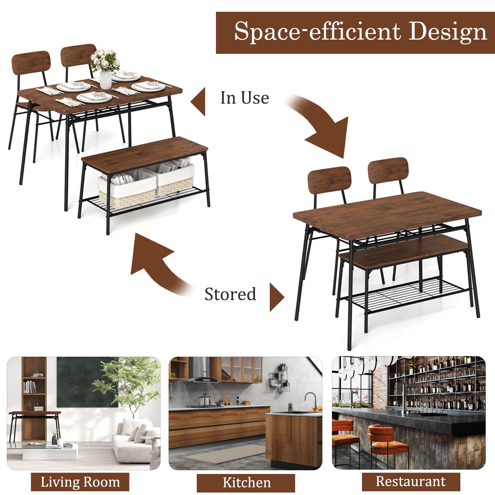 Giantex Dining Table Set for 4, Kitchen Table with Bench & 2 Chairs, Storage & Metal Frame