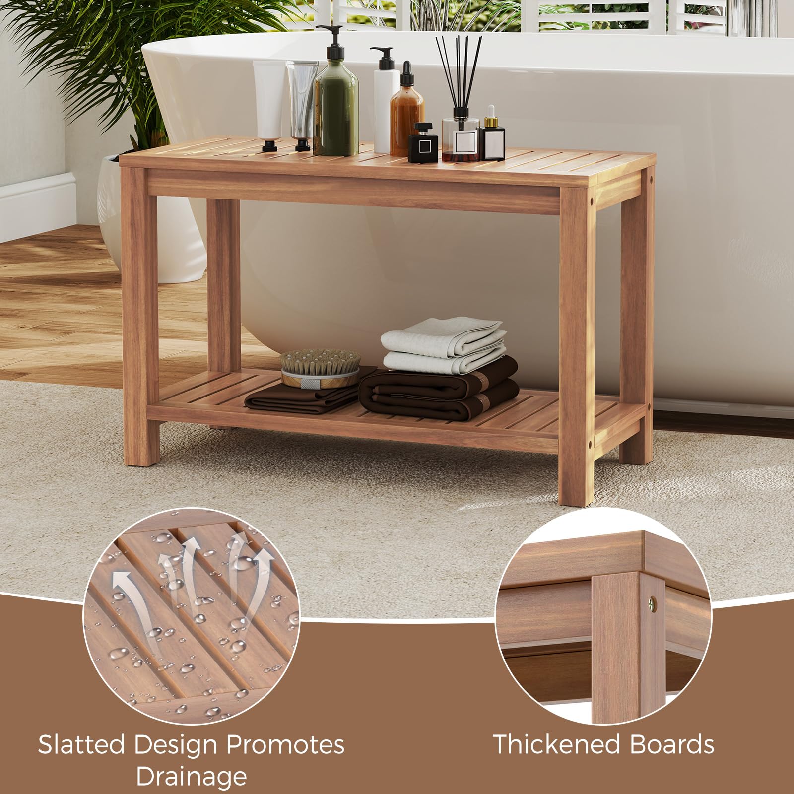 Giantex 30 Inch Teak Shower Bench with Shelf
