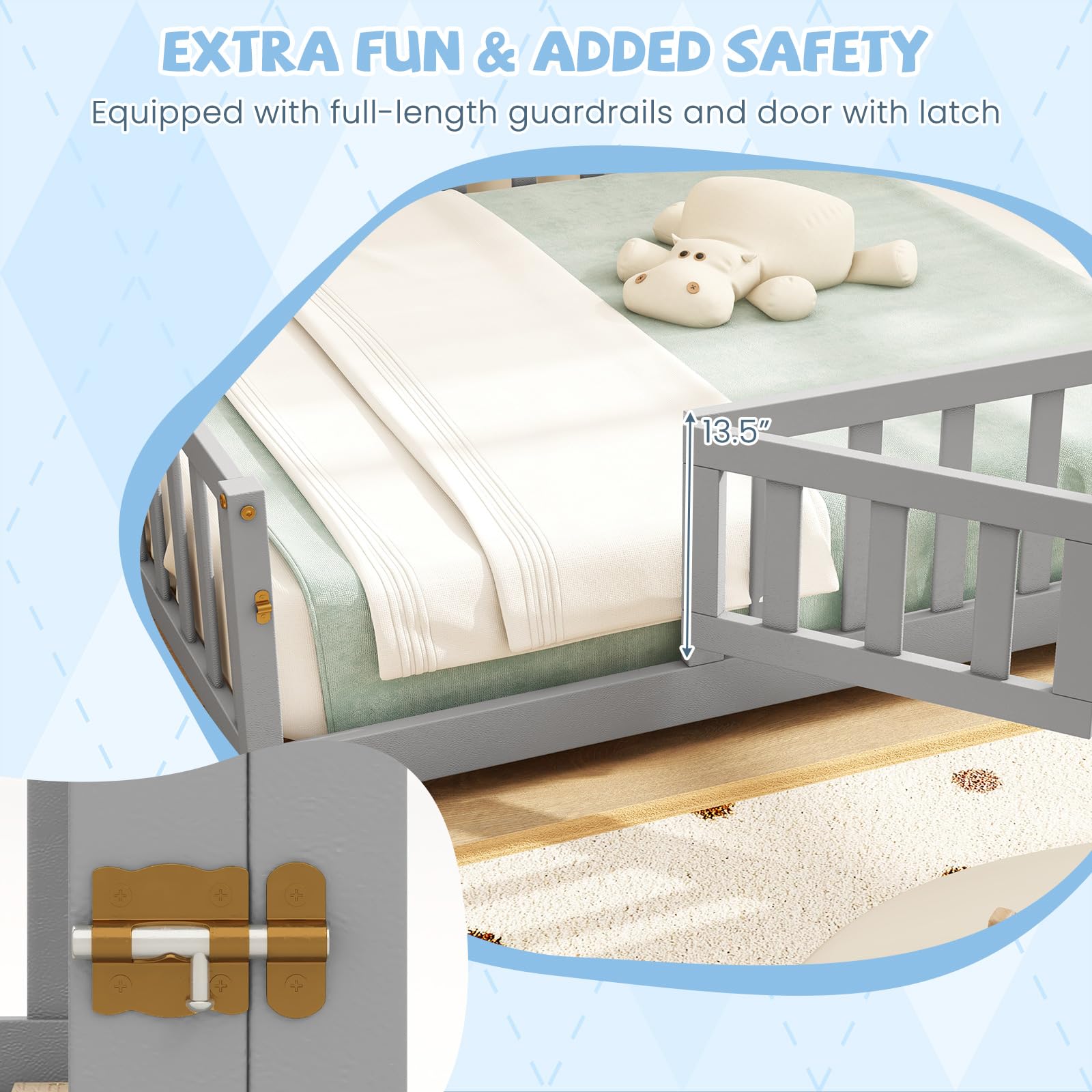 Giantex Full Size Floor Bed for Kids, Montessori Floor Bed with Wood Slats & Safety Guardrails