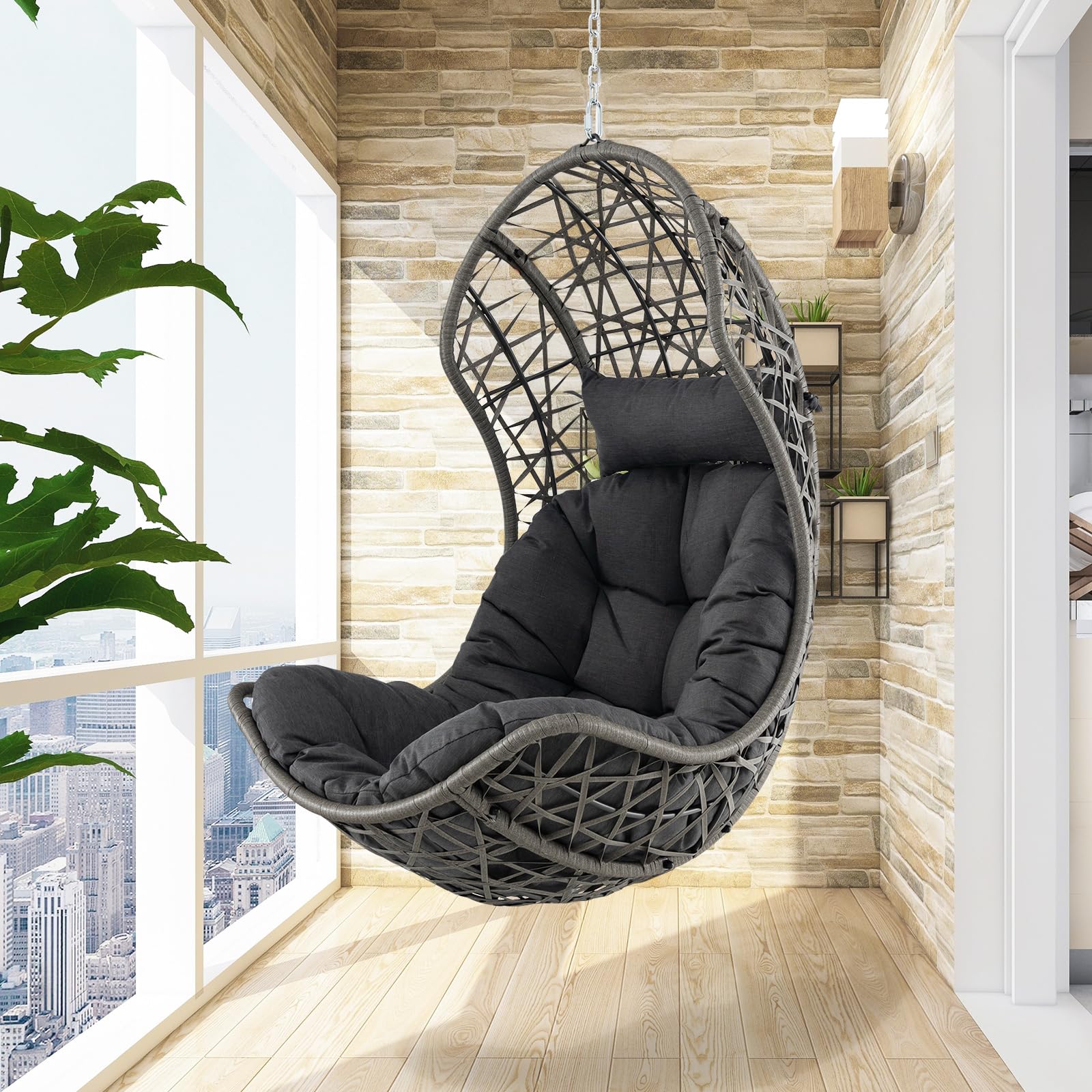 Giantex Swing Egg Chair Outdoor - PE Rattan Hammock Chair with Soft Pillow, Cushion, Metal Frame, Hanging Accessories