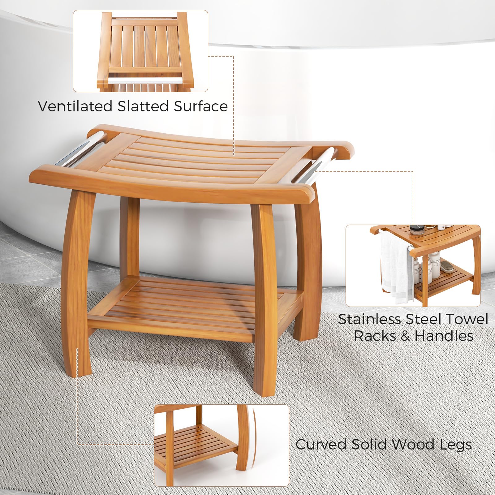 Gaintex Teak Shower Bench with Handles and Storage Shelf, Teak Shower Stool for Shaving Legs, Non-Slip Foot Pads