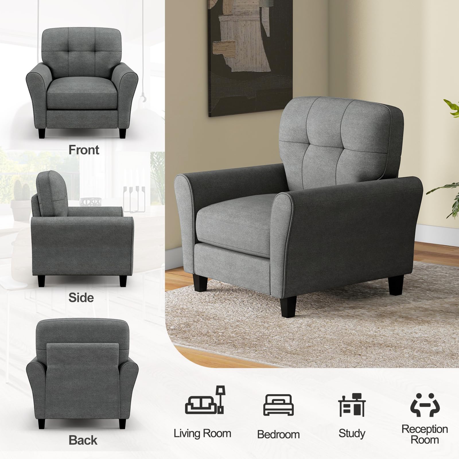 Giantex Modern Mid-Century Accent Chair - Linen Living Room Chair with Tufted Back, Grey