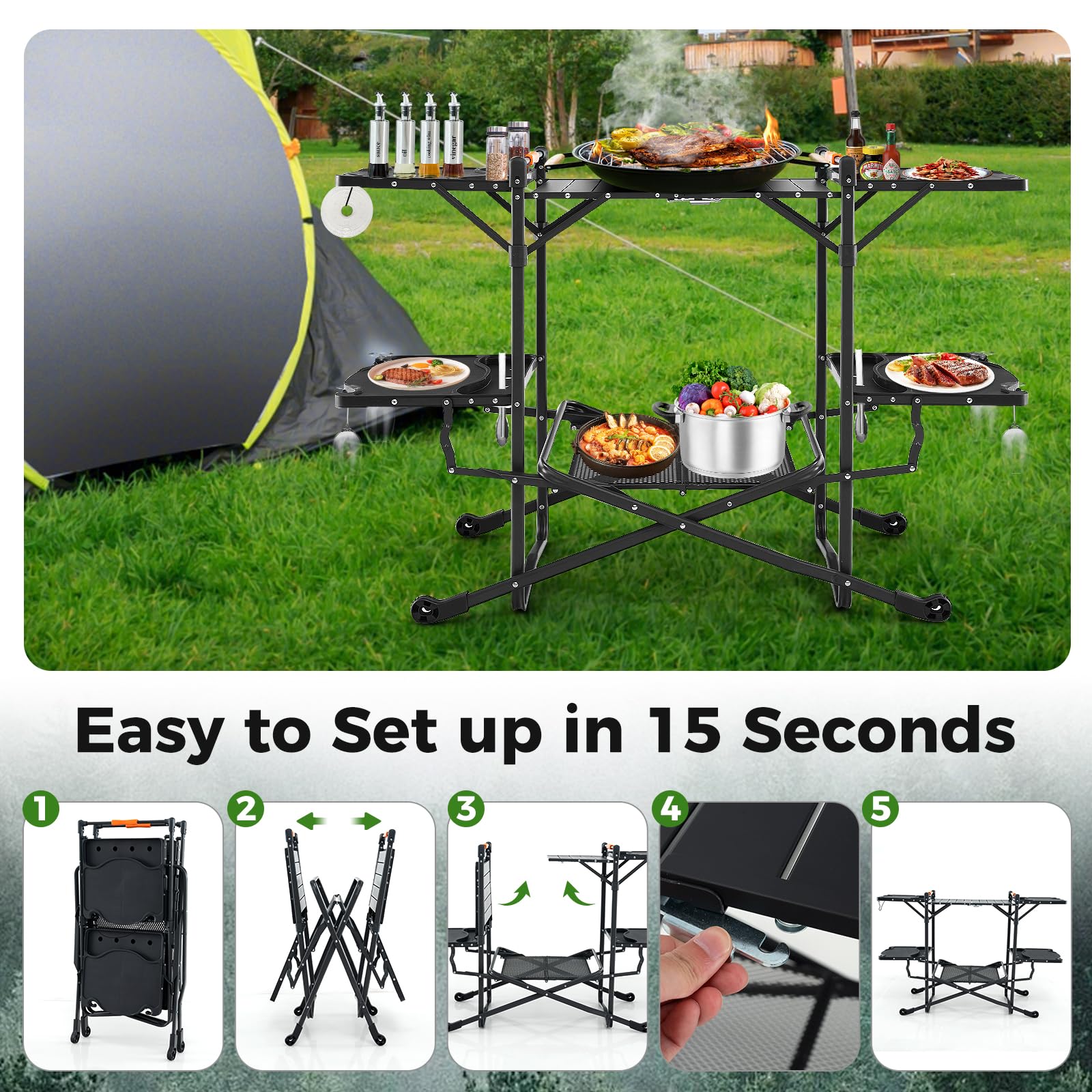 Giantex Camping Cooking Table, Folding Grill Table with Aluminum Tabletop, 4 Side Tables, Storage Rack