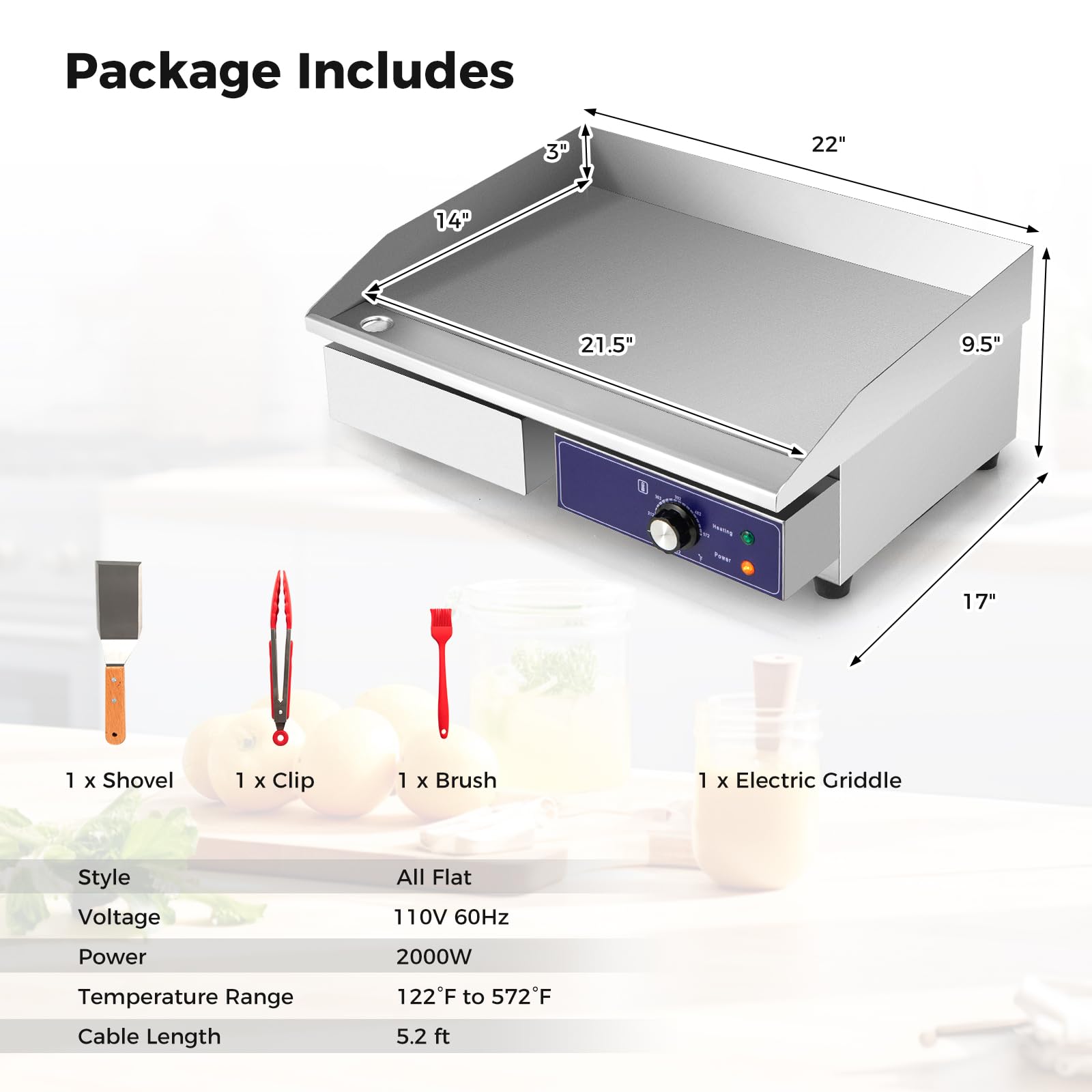 Giantex Commercial Electric Griddle 22" - 110V 2000W Countertop Griddle with Cast Iron Griddle Plate & Stainless Steel Frame