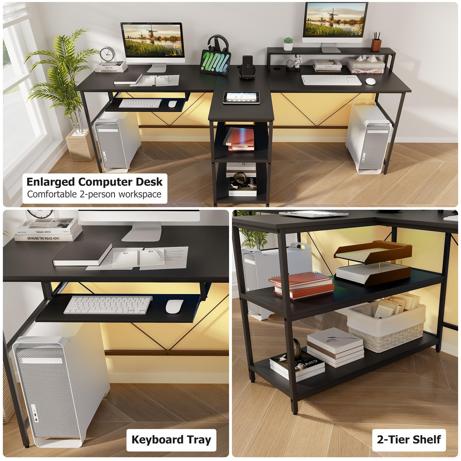 Giantex 94.5” 2 Person Desk with LED Lights, Long PC Study Desk with Storage Shelves, Power Outlets