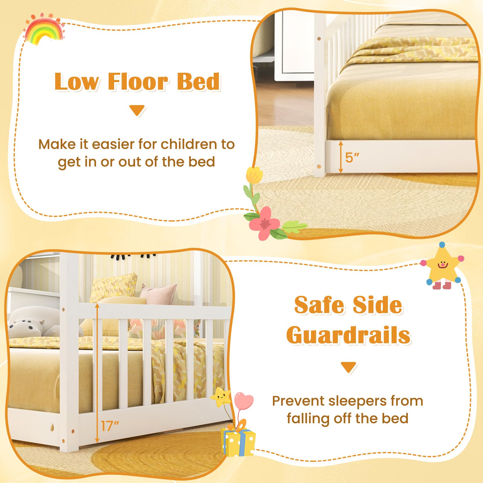 Giantex Double Twin Floor Beds for 2 Kids, Wood Twin Size House Beds with Safety Guardrails, White