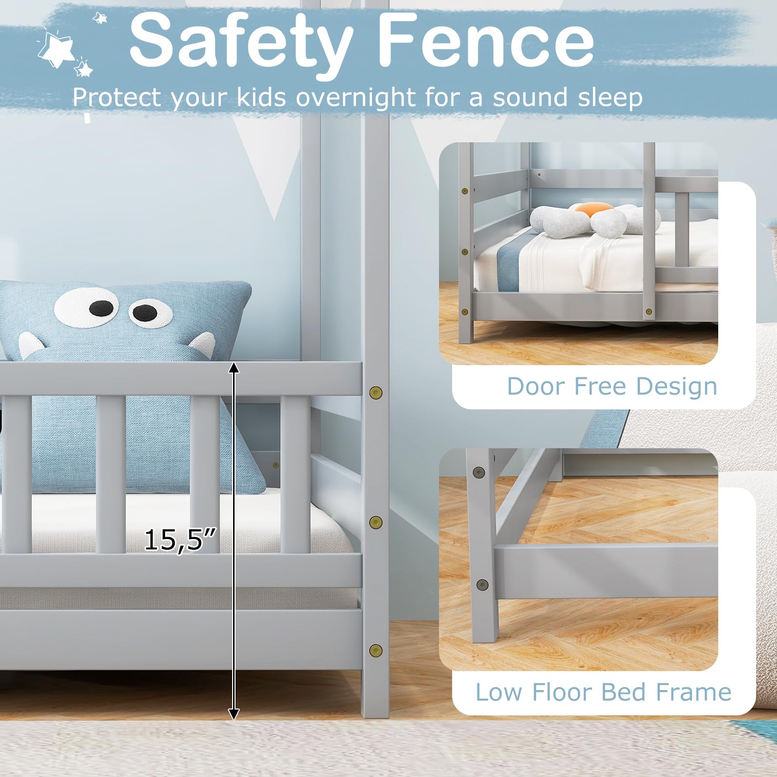 Giantex Twin Floor Bed with Fence, Wood Montessori Bed with Safety Guardrails and 80.5" High Roof Design