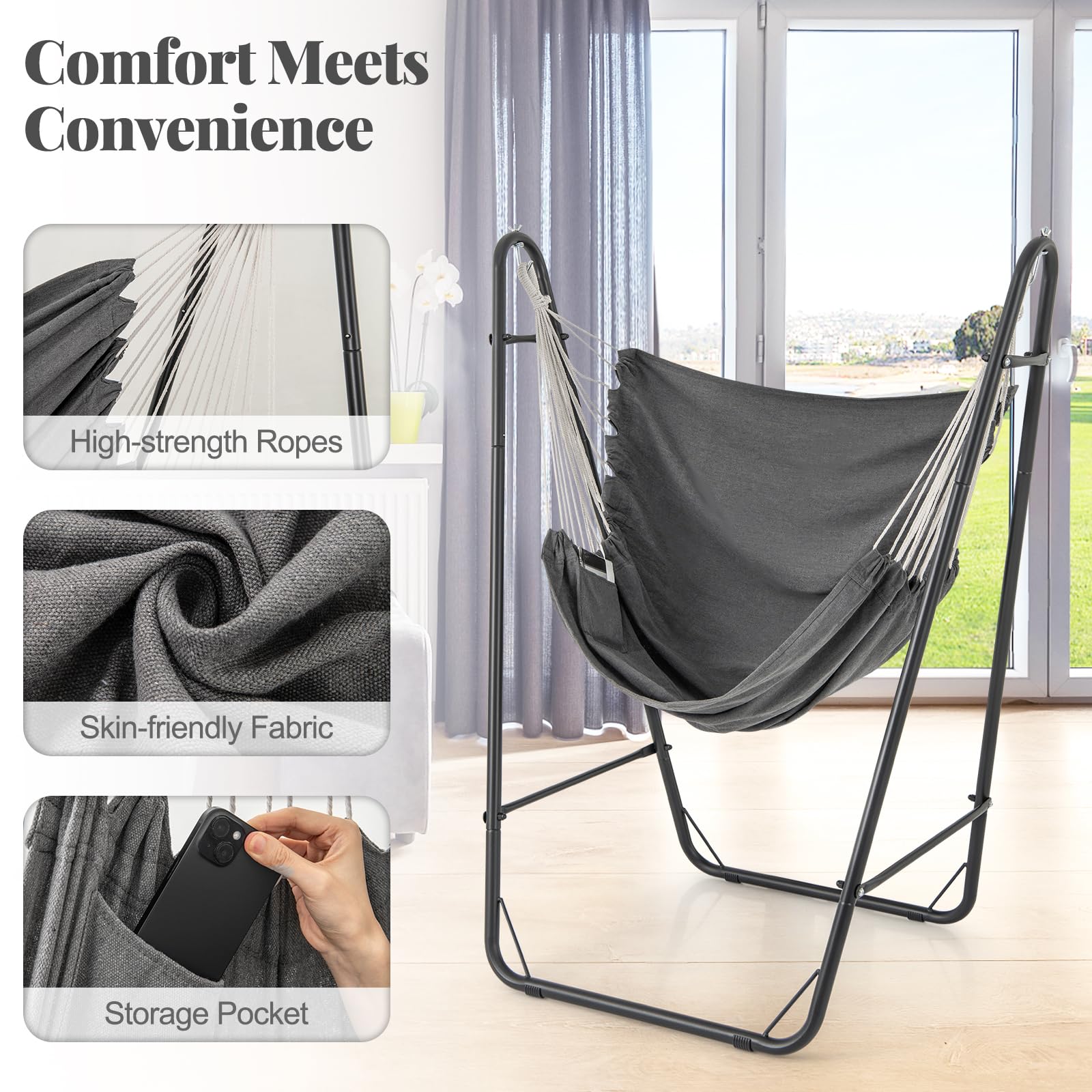 Giantex Hammock Chair with Stand - Swing Chair with Heavy Duty Metal Frame, Storage Side Pocket, Grey