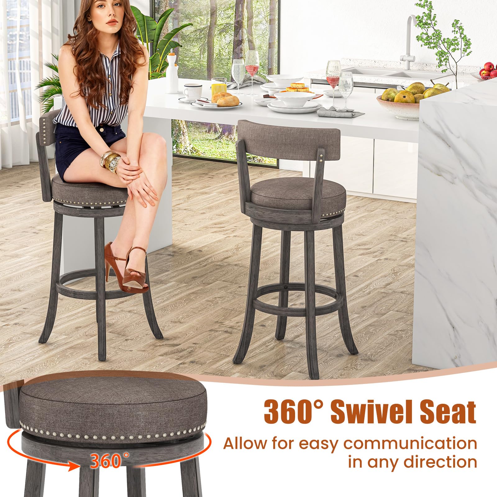 Giantex 31" Bar Stools Set, Swivel Bar Height Bar Chairs with Footrest, Rubber Wood Frame