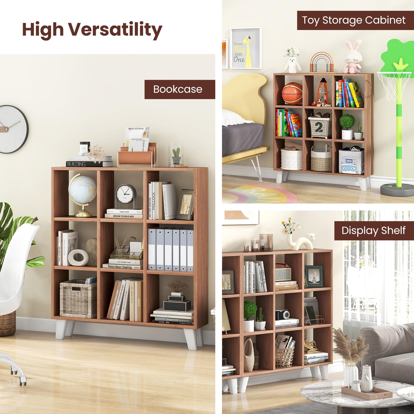 Giantex 9-Cube Open Bookcase, 3-Tier Freestanding Bookshelf with 4 Slanted Legs & 6 Removable Shelves