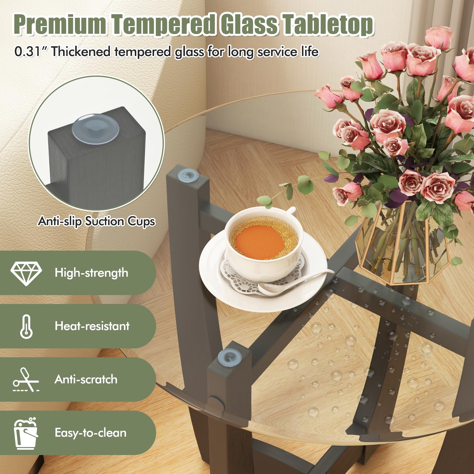 Giantex Glass End Table, Round Side Table with Rubber Wood Frame & Tempered Glass Top, 23.5" Small Black Coffee Table