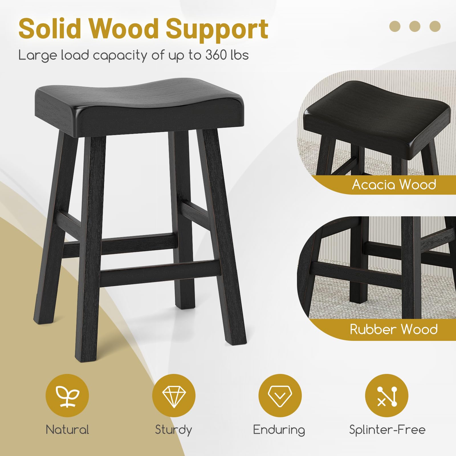 Giantex 24" Bar Stools Set, Counter Height Saddle Bar Stools w/Footrests, Acacia Wood Seats, Rubber Wood Crossbars