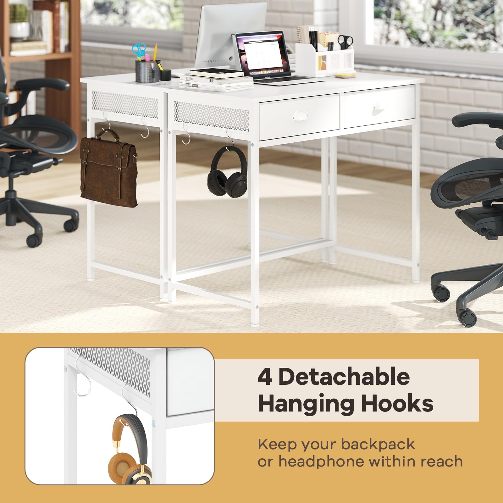 Giantex Small Computer Desk with Fabric Drawers, 36 Inch Home Office Desk with 4 Hanging Hooks & Metal Frame