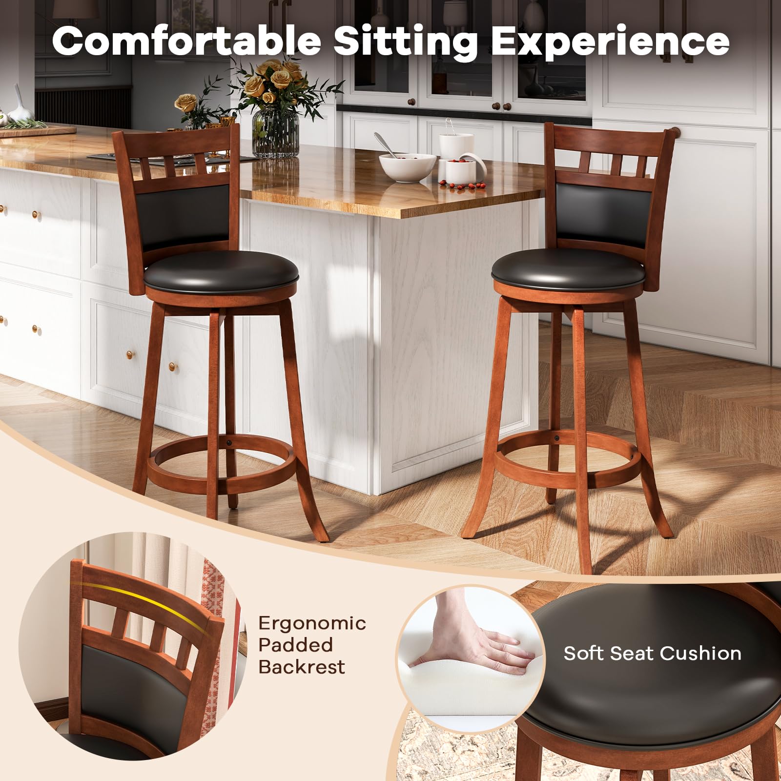 Giantex Wood Bar Stools Set, 31" Swivel Bar Height Barstools w/Back, Rubber Wood Frame