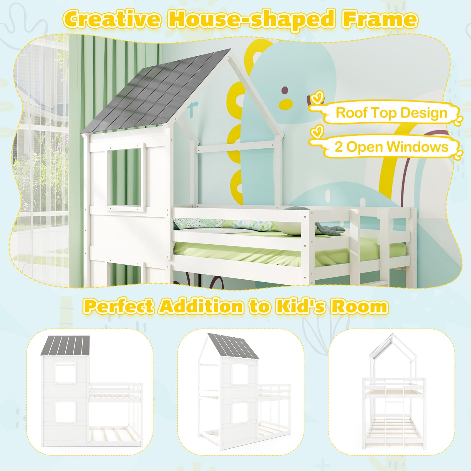 Giantex House Bunk Bed Twin Over Twin, Solid Wood Floor Bunk Bed with Built in Ladder, Window & Safety Guardrail