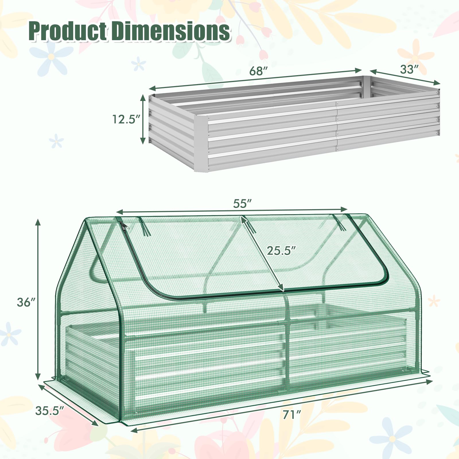 Giantex Galvanized Steel Raised Garden Bed with Mini Greenhouse, Outdoor Metal Planter Box Kit with Large Roll-up Cover